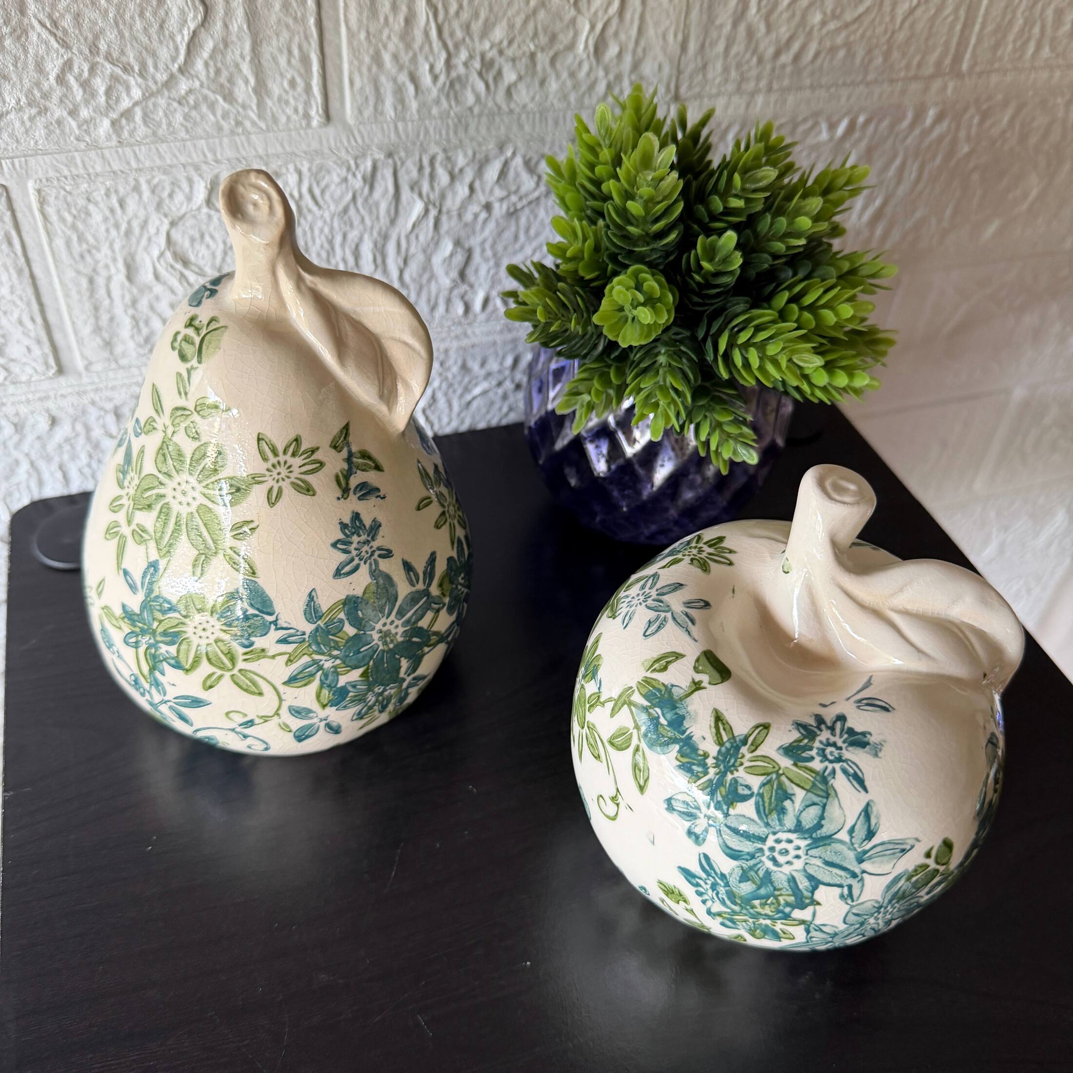Alt View 5. Things2Die4 - Blue Green Floral Ceramic Fruit Figurines Apple and Pear Set 6.25 Inch - Green.