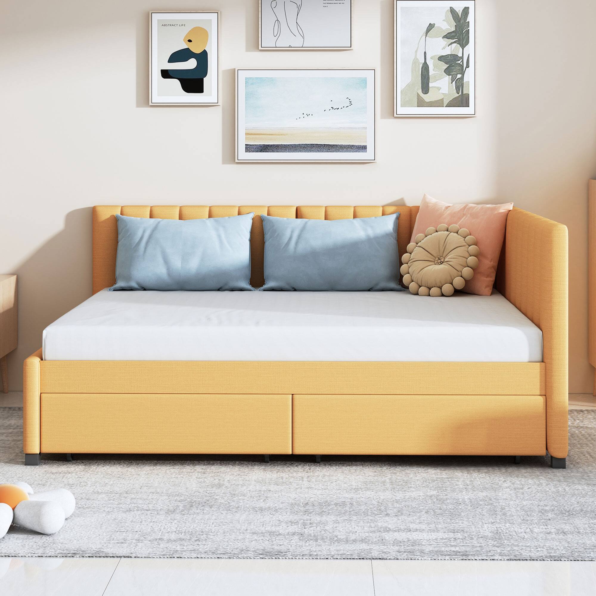 Angle. Tiramisubest - Full Size Upholstered Daybed with 2 Storage Drawers Sofa Bed Frame No Box Spring Needed, Linen Fabric (Yellow) - Yellow.