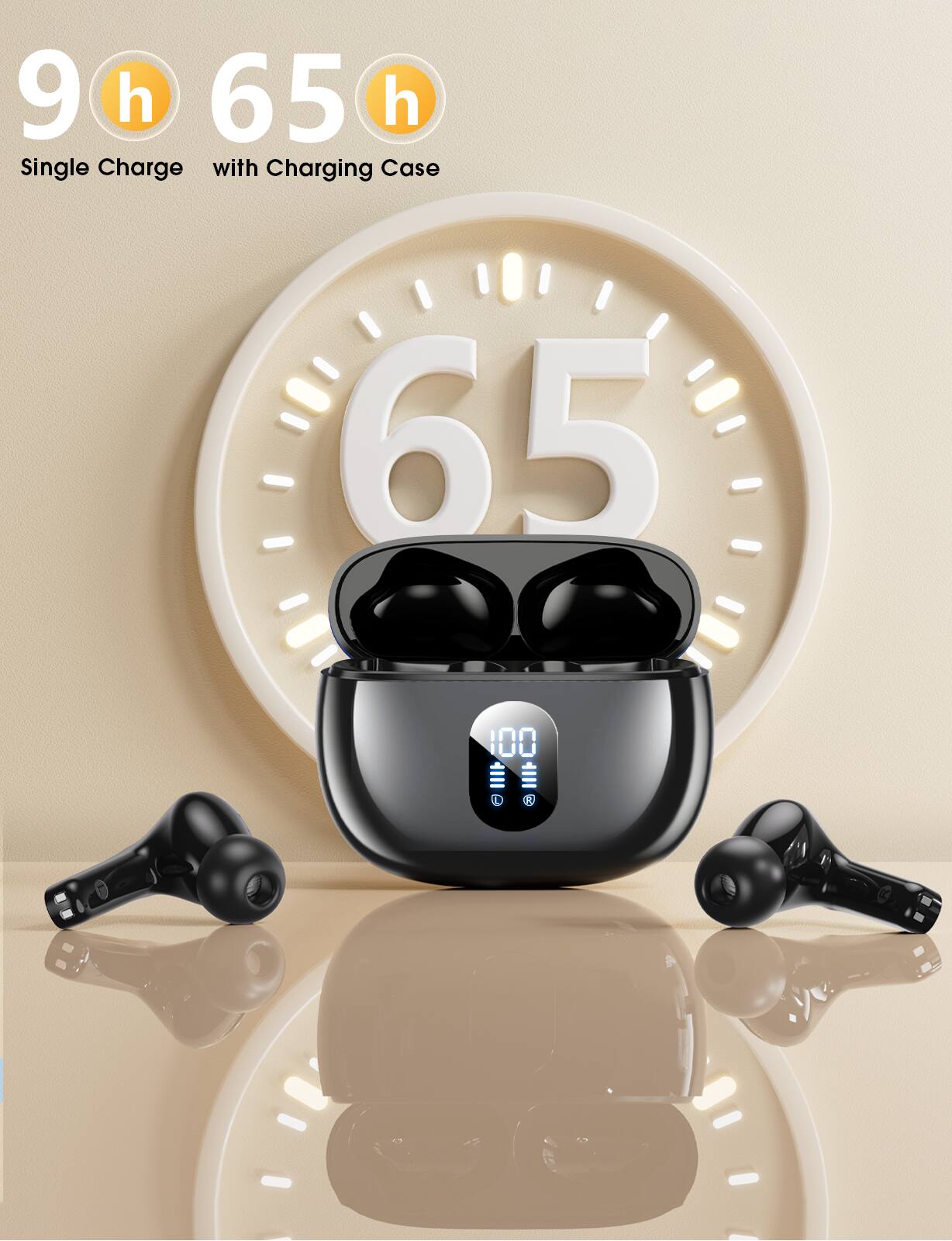 9 h  
65 h  
Single Charge with Charging Case