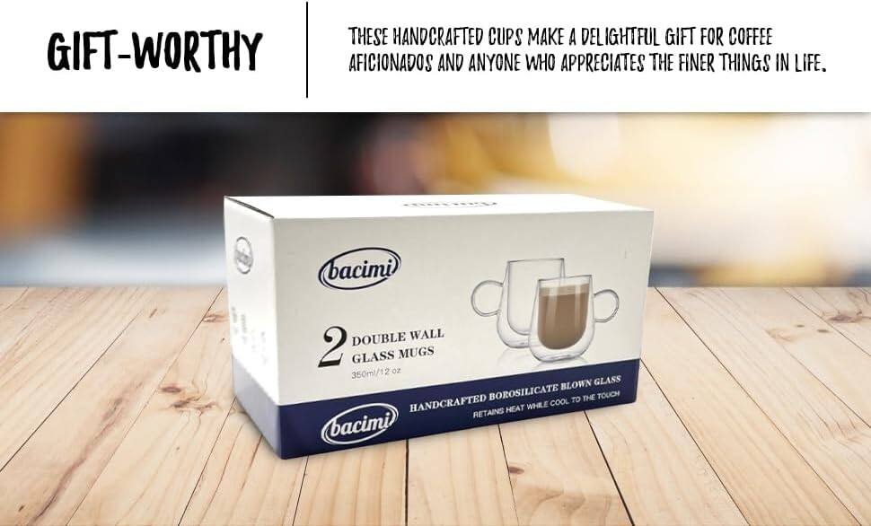 These handcrafted cups make a delightful gift for coffee aficionados and anyone who appreciates the finer things in life. Bacimi Double Wall 2 Glass Mugs 350ml/12 oz Blown Glass Borosilicate to the touch handcrafted while cool retains heat.