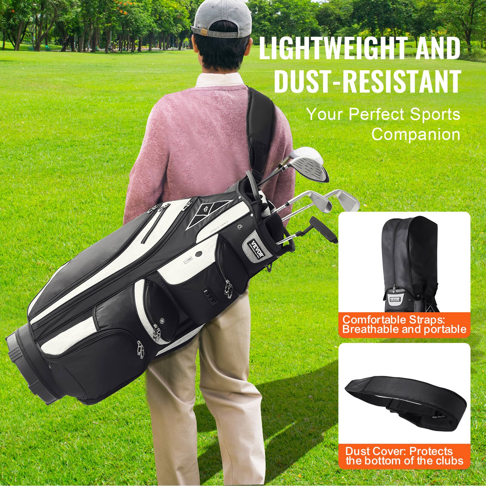 LIGHTWEIGHT AND DUST-RESISTANT  
Your Perfect Sports Companion  

Comfortable Straps: Breathable and portable  

Dust Cover: Protects the bottom of the clubs