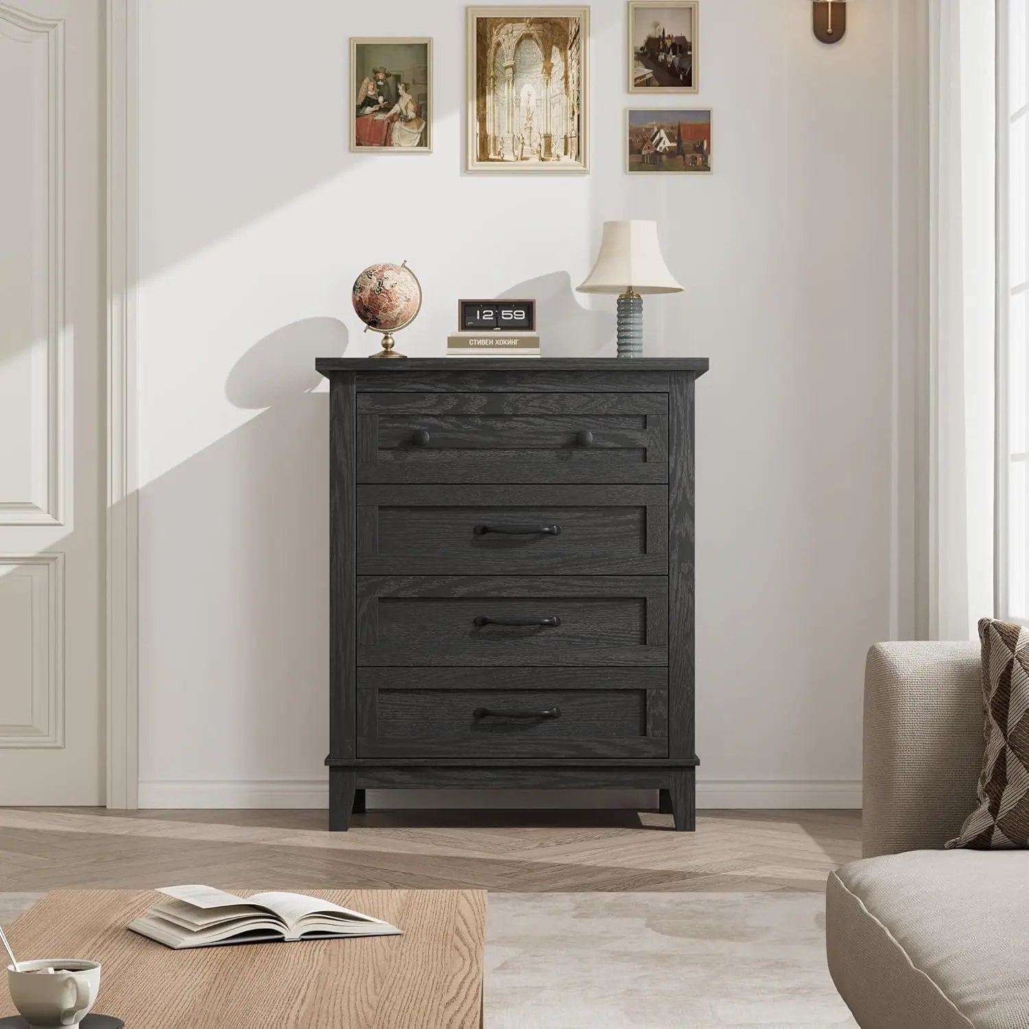 Alt View 1. Jojoka - 4 Dresser for Bedroom, 34.8 in Tall Vertical Drawer Dresser - Black.