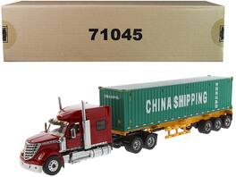 Diecast Masters - International LoneStar Sleeper Cab Red with Skeleton Trailer 40' China Shipping Container Green Transport 1/50 Diecast - Red And Green