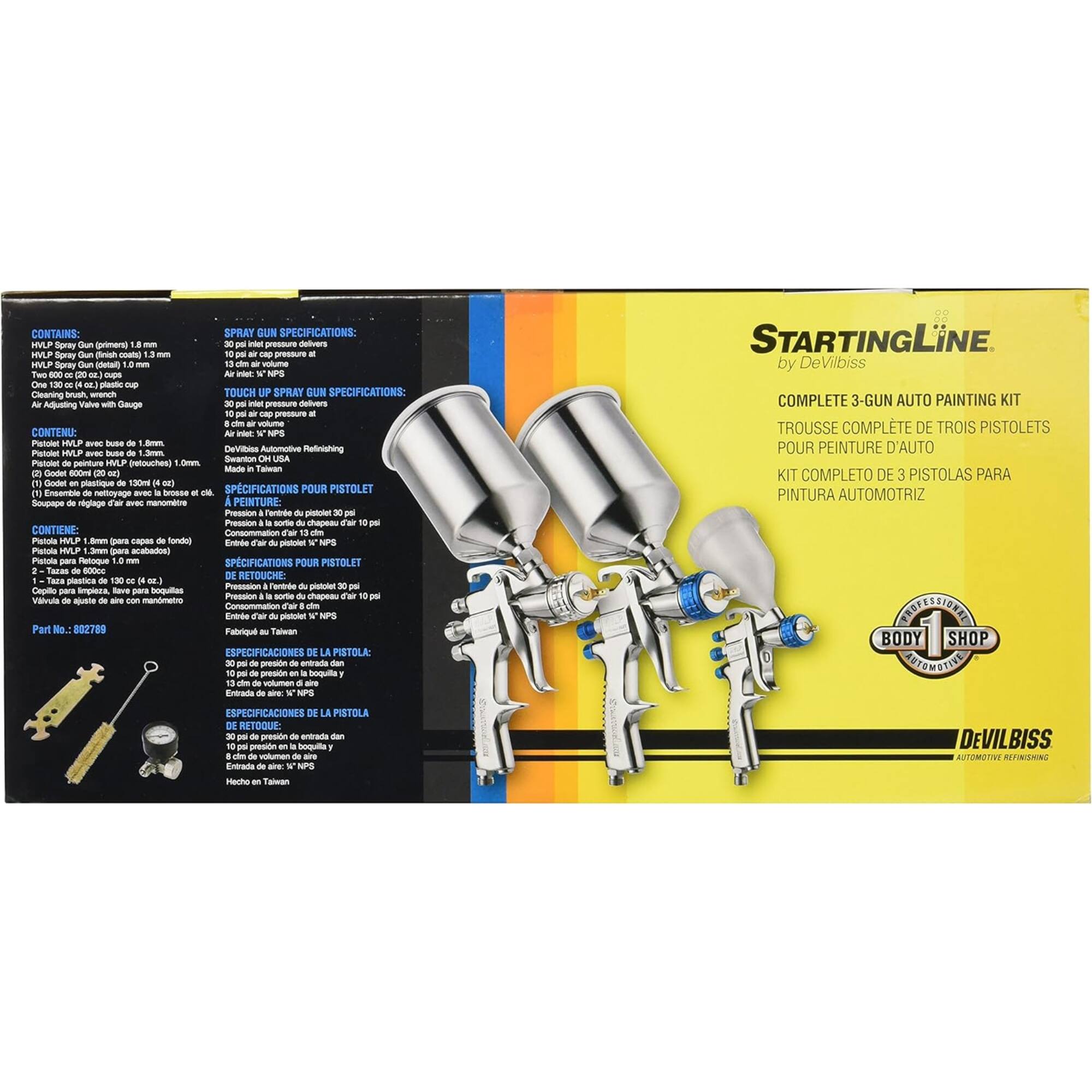 CONTAINS:  
- HVLP Spray Gun (content: 1.3 mm)  
- HVLP Spray Gun (detail: 1.0 mm)  
- One 130 ml (4.4 oz) plastic cup  
- HVLP Spray Gun (touch up: 1.0 mm)  
- HVLP Spray Gun (detail: 1.0 mm)  
- One 600 ml (20.8 fl oz) plastic cup  
- HVLP Spray Gun (touch up: 1.0 mm)  
- HVLP Spray Gun (detail: 1.0 mm)  
- One 130 ml (4.4 oz) plastic cup  

SPRAY GUN SPECIFICATIONS:  
- 30 psi air pressure delivers  
- 1.3 mm tip  
- 1.0 mm tip  

TOUCH UP SPRAY GUN SPECIFICATIONS:  
- 10 psi air pressure at  
- 1.0 mm tip  

CONTENU:  
- Pistole HVLP - base de 1.3 mm  
- Pistole HVLP - base de 1.0 mm  
- 130 ml (4.4 oz) Godet plastique  
