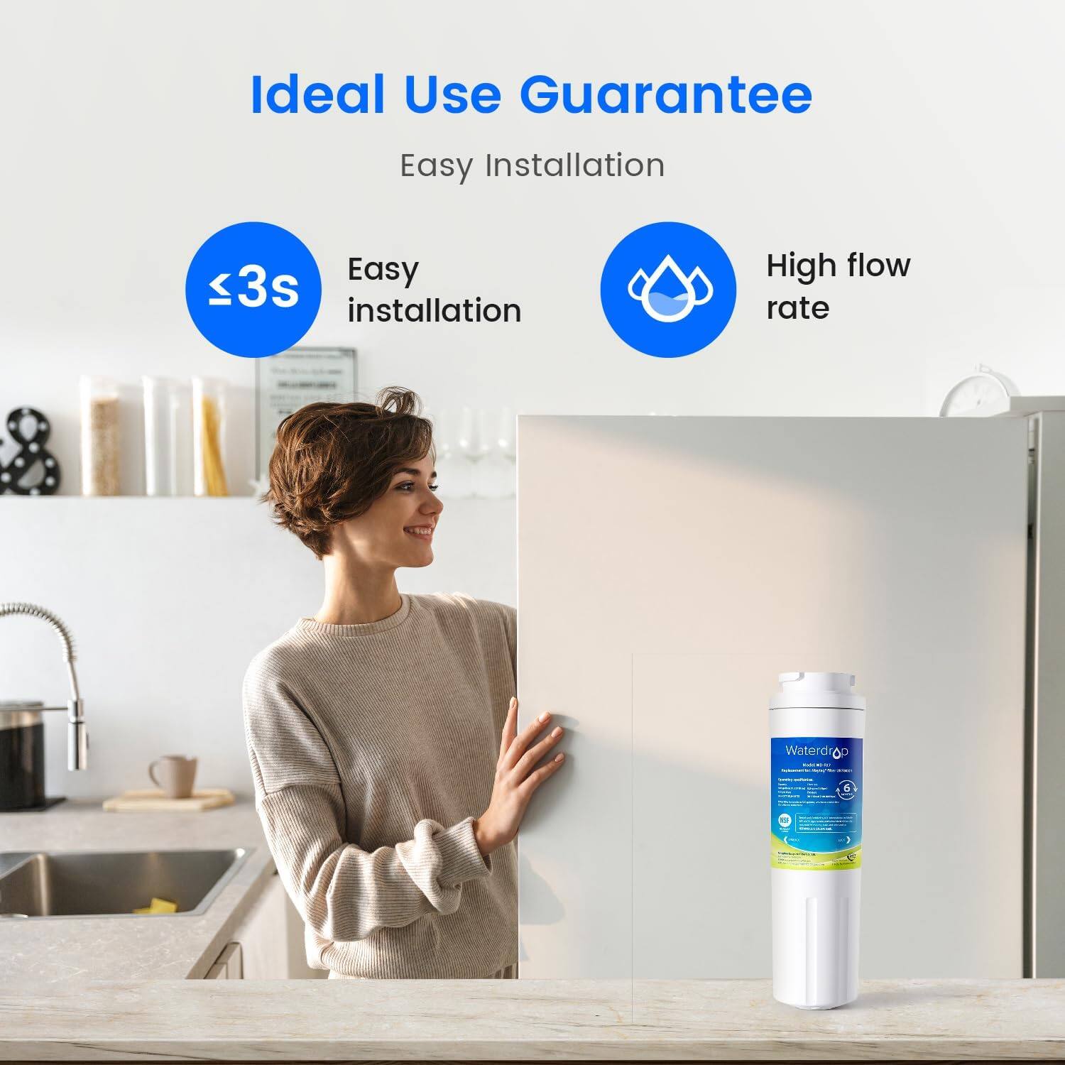 Ideal Use Guarantee, Easy Installation, <3s Easy Installation, High flow rate, Waterdrop OP - A