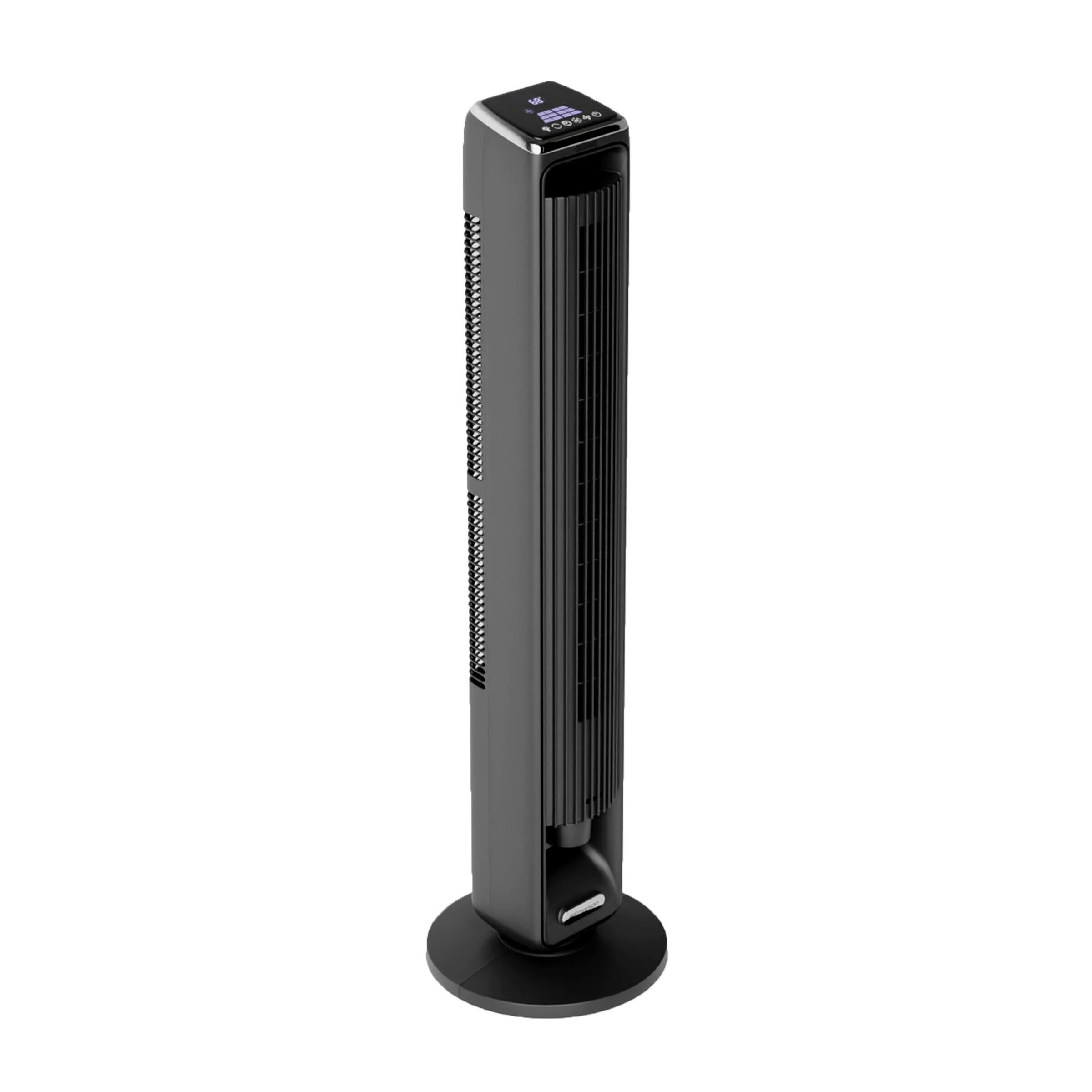 Angle. Emerson - Emerson SmartVoice 42” Tower Fan, 40+ Voice Commands, No APP, No WIFI, Oscillating, 3 Wind Speeds, Timer, Oil Diffuser - Black.