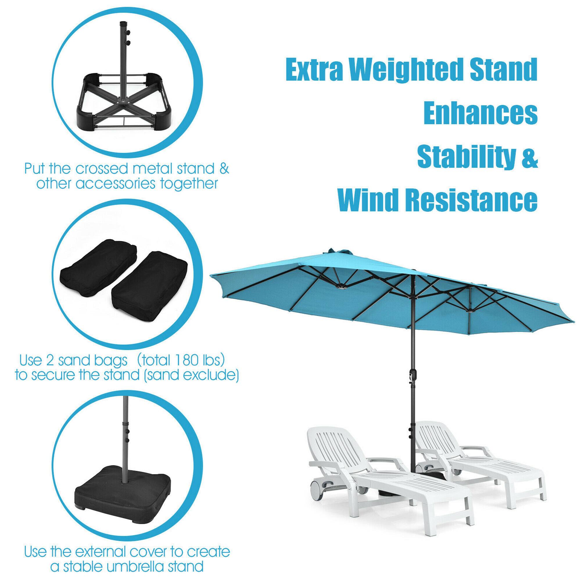 Extra Weighted Stand Enhances Stability & Wind Resistance

Put the crossed metal stand & other accessories together

Use 2 sand bags (total 180 lbs) to secure the stand (sand exclude)

Use the external cover to create a stable umbrella stand