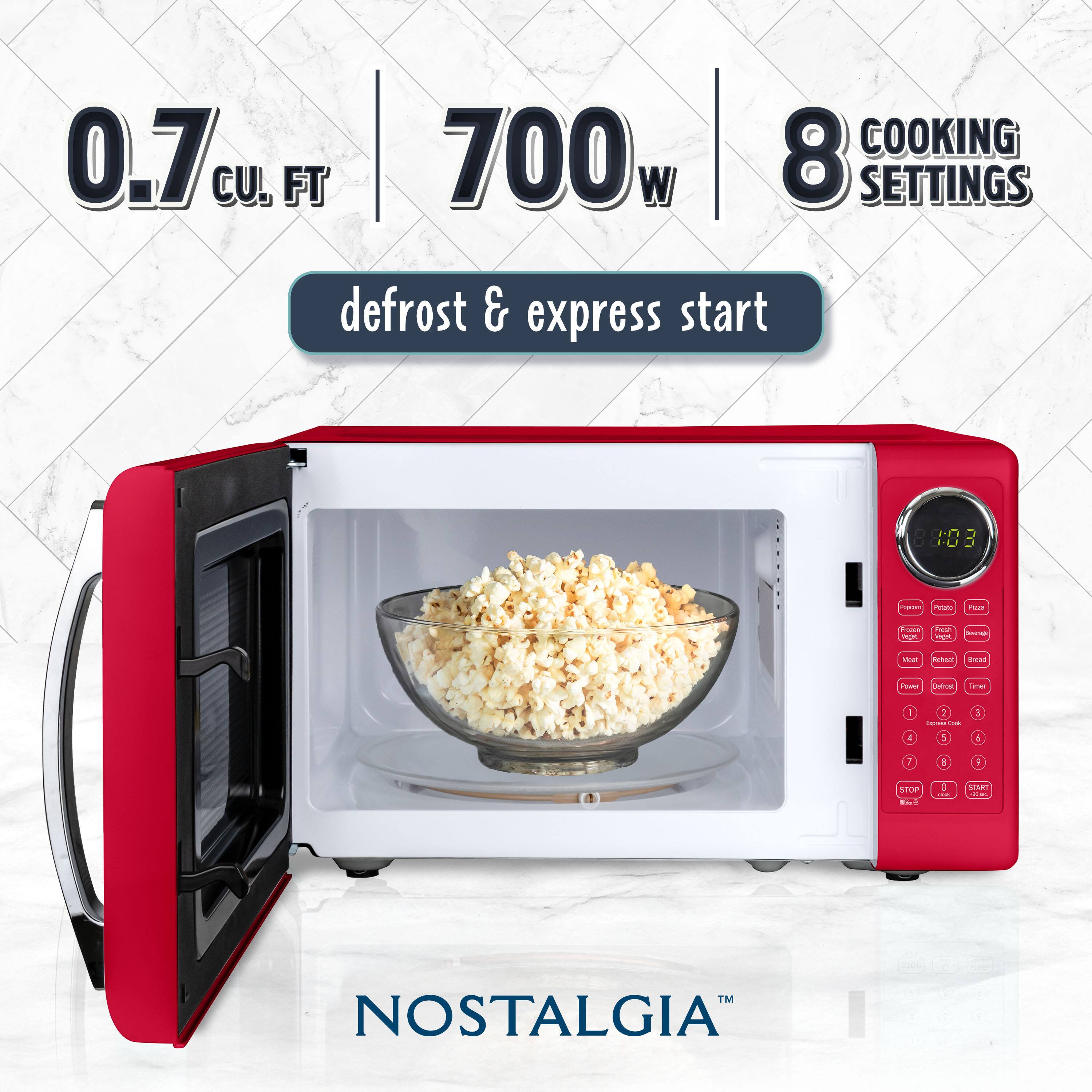 0.7 cu. ft. | 700w | 8 COOKING SETTINGS  
defrost & express start  
NOSTALGIA™