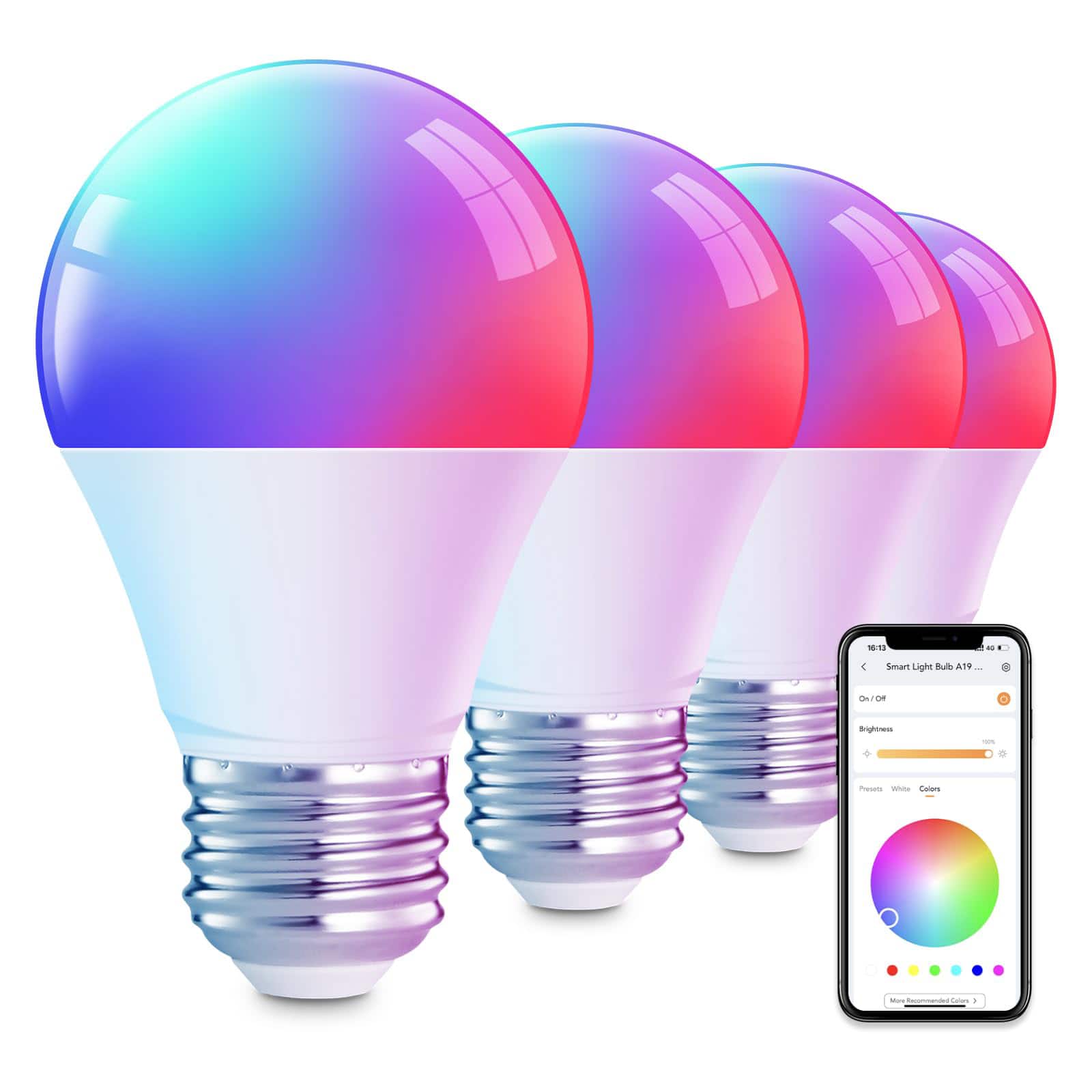 GlowWise - 4-Pack Smart Color Bulbs, 104 Scenes & Music Sync, 16M Colors, Works with Alexa/Google, Wi-Fi & Bluetooth, A19 60W Eqv - Multicolor