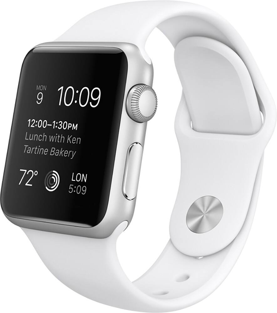 Angle. Apple - Geek Squad Certified Refurbished Apple Watch™ Sport 38mm Silver Aluminum Case - White Sports Band.