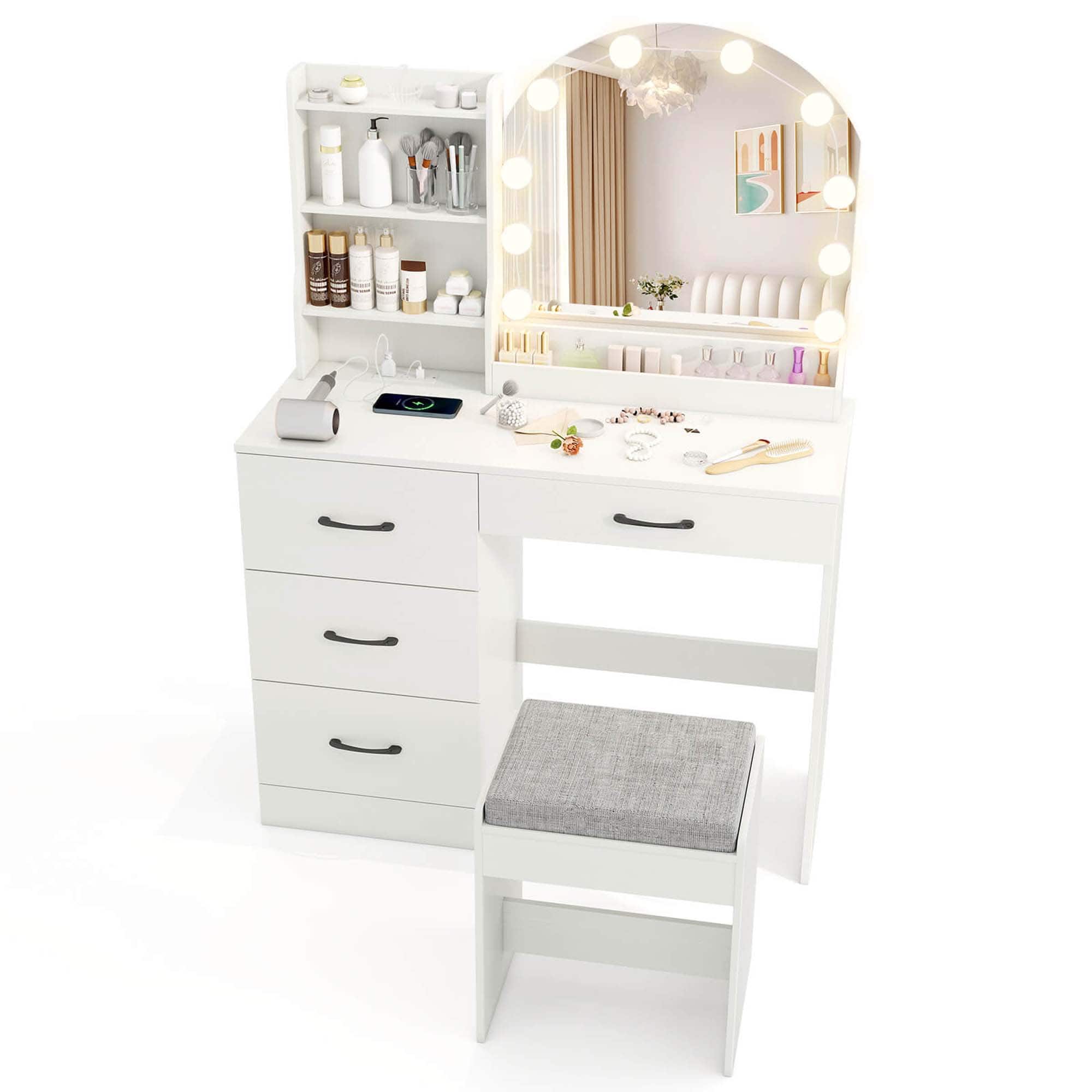 Costway - Vanity Set with Mirror and Lights with 3-Color Lighting & Adjustable Brightness - White