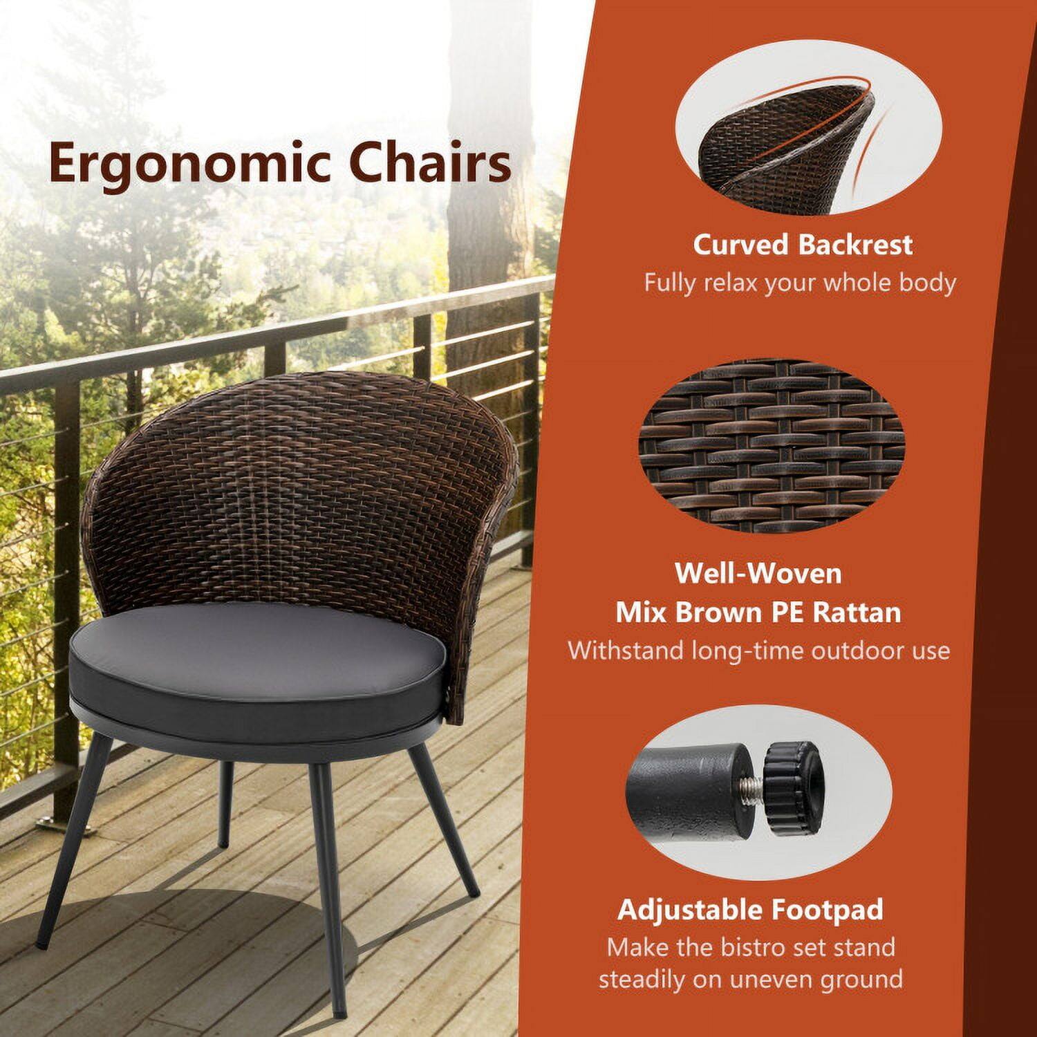 Ergonomic Chairs

- Curved Backrest
  - Fully relax your whole body

- Well-Woven Mix Brown PE Rattan
  - Withstand long-time outdoor use

- Adjustable Footpad
  - Make the bistro set stand steadily on uneven ground