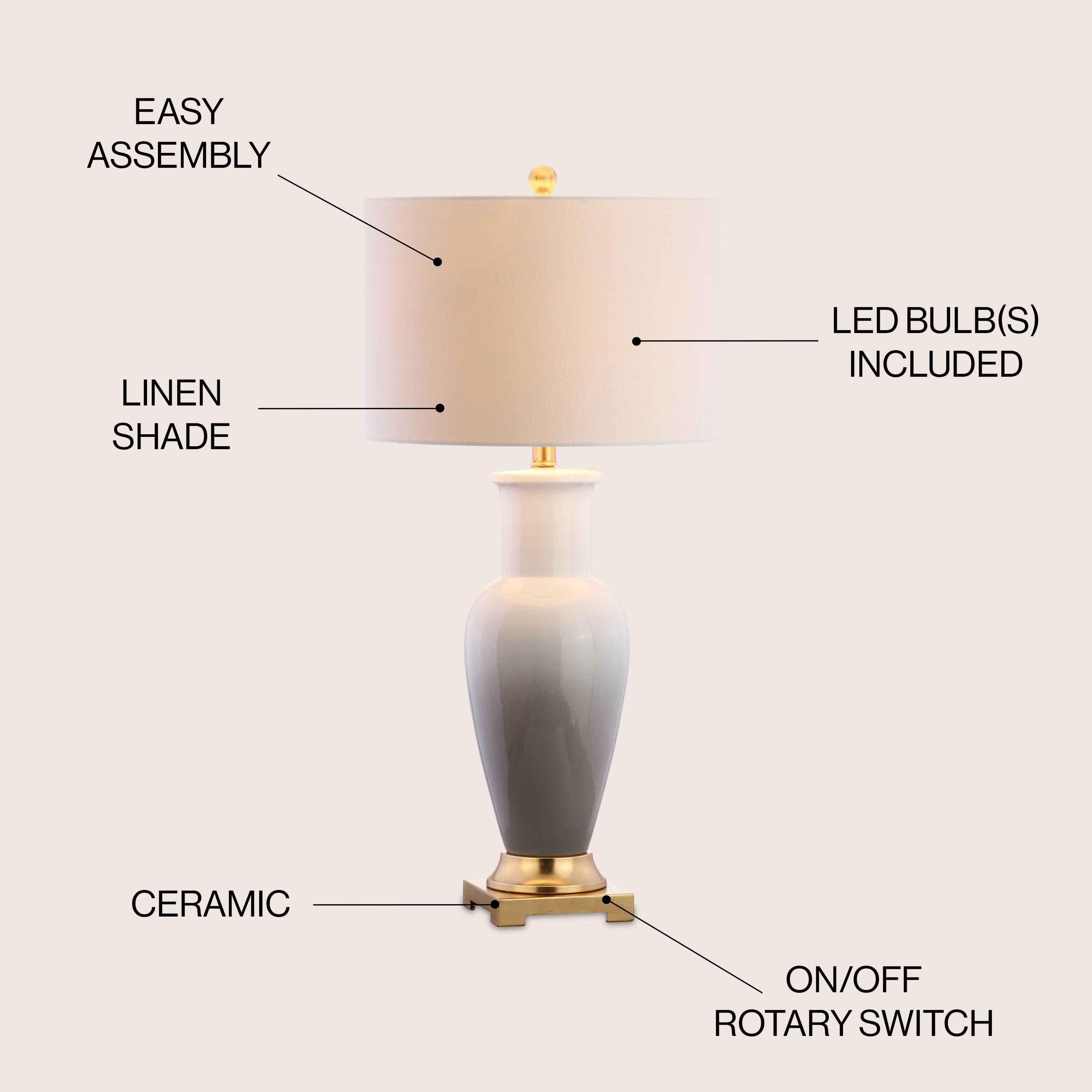 - EASY ASSEMBLY
- LINEN SHADE
- LED BULB(S) INCLUDED
- CERAMIC
- ON/OFF ROTARY SWITCH