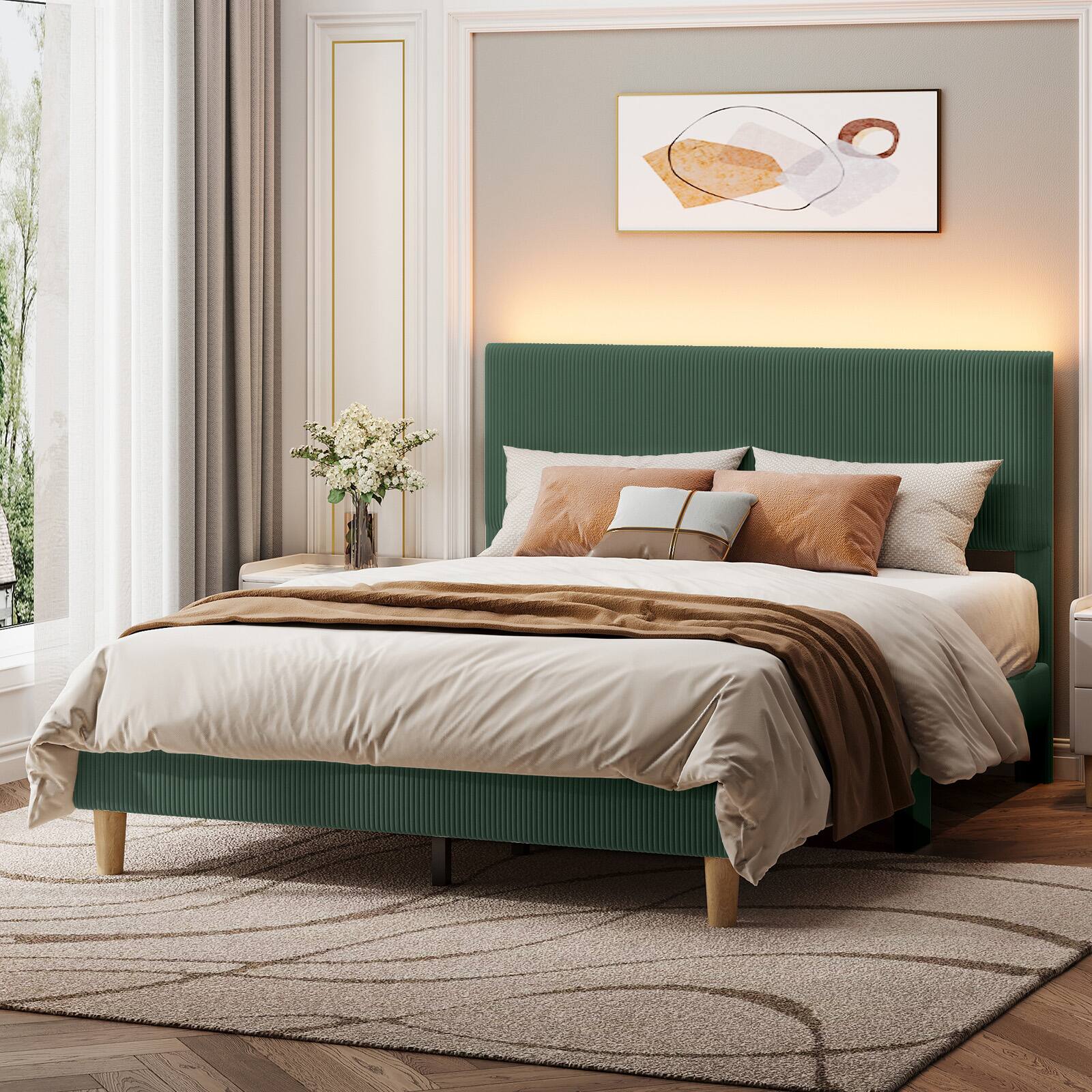 Left. Bestier - Queen Size Upholstered Bed Frame with LED Lights, Adjustable Headboard - Green.