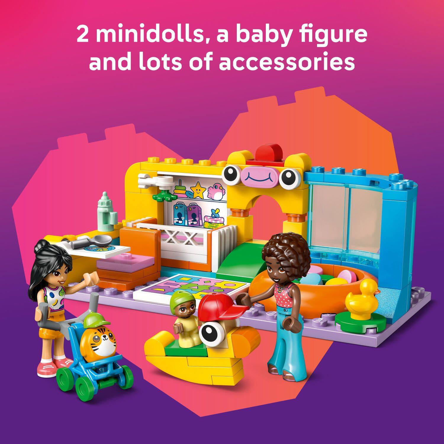 2 minidolls, a baby figure, and lots of accessories.