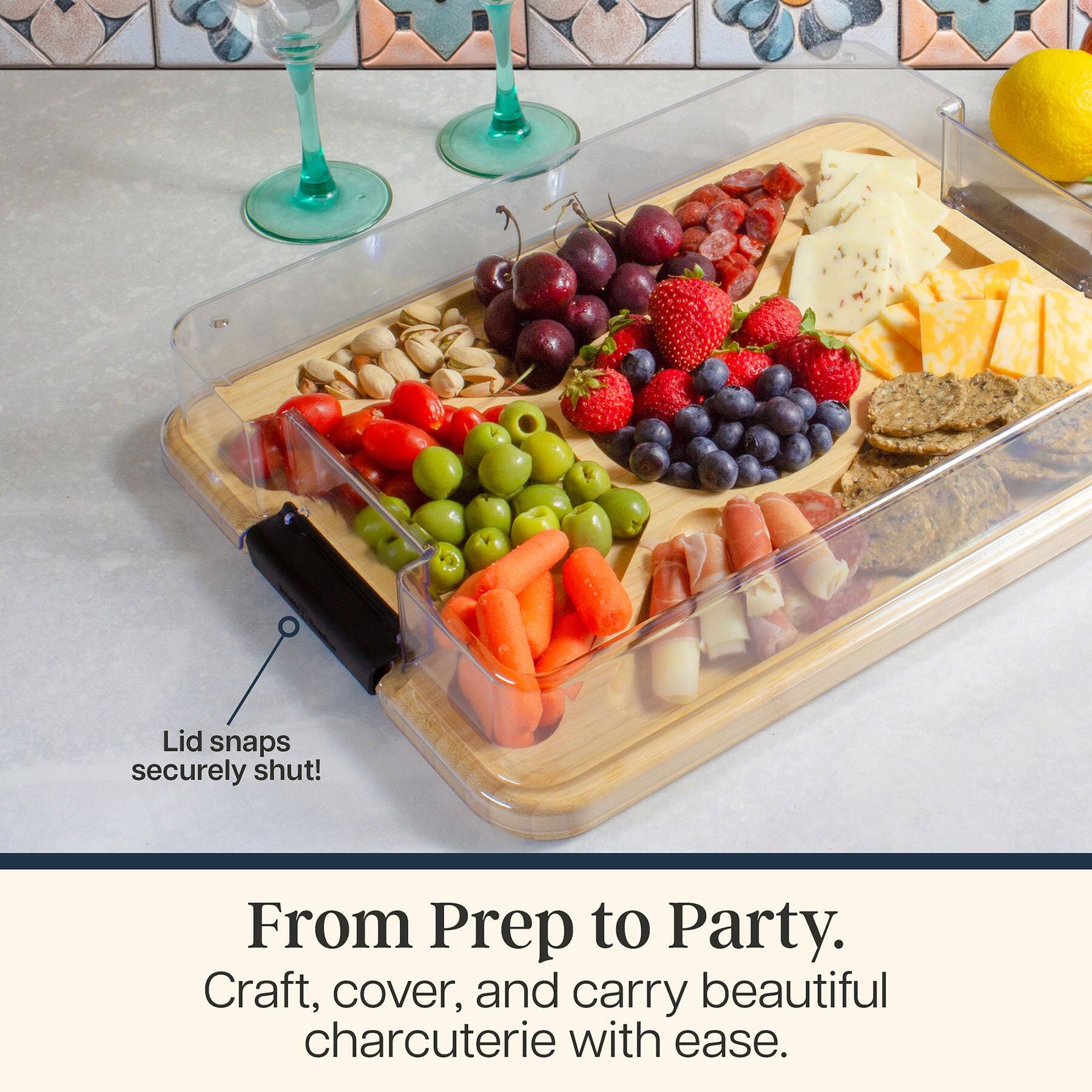 Lid snaps securely shut!  
From Prep to Party.  
Craft, cover, and carry beautiful charcuterie with ease.