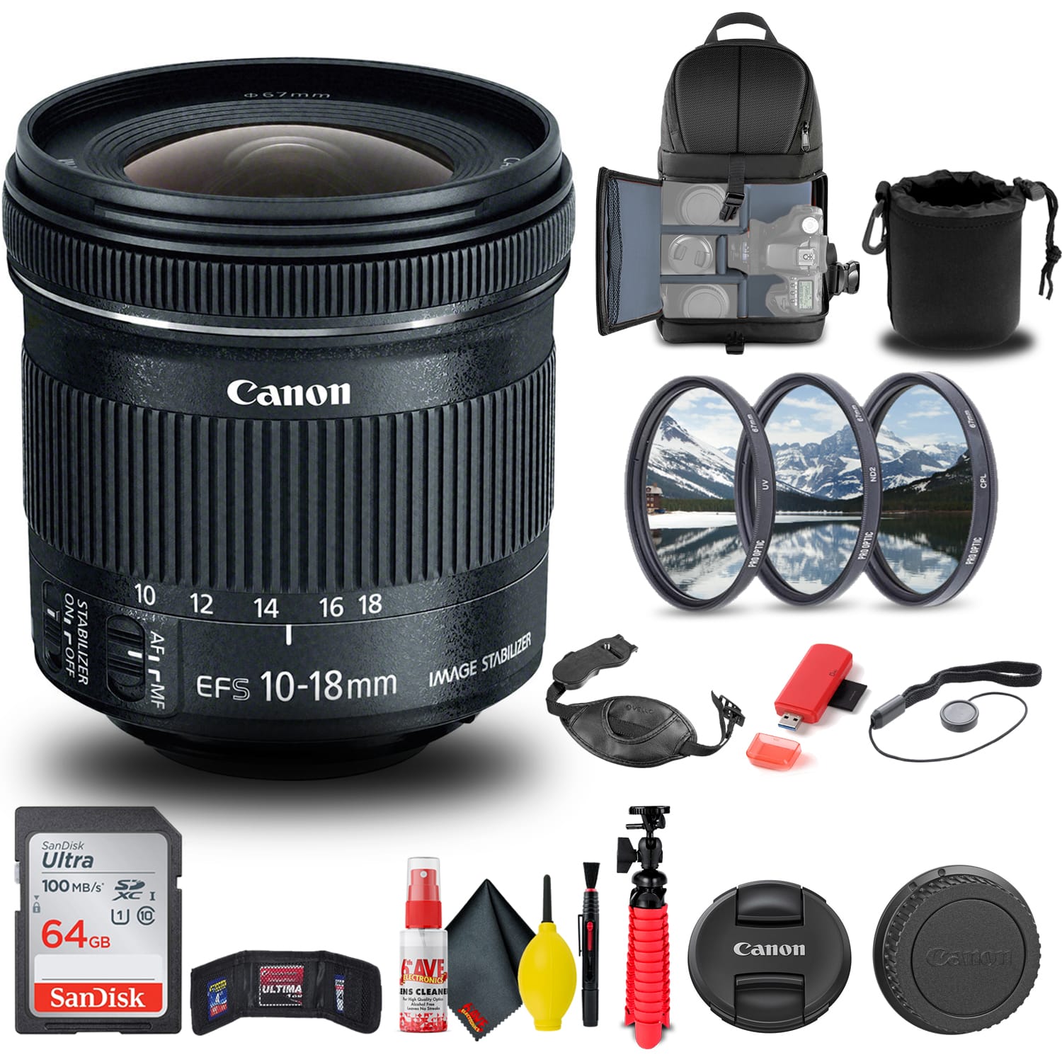 Canon - EF-S 10-18mm f/4.5-5.6 IS STM Lens (9519B002) + Filter + BackPack + More - Black
