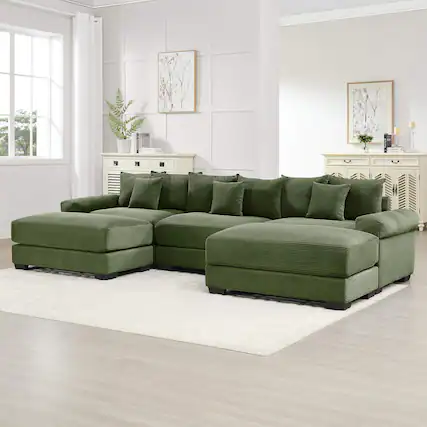 Front. Roomtec - 130 inch Oversized Cloud Modular Sectional CouchPremium Corduroy Fabric 3Seater Deep Seat Wide Armrests With An - Green.