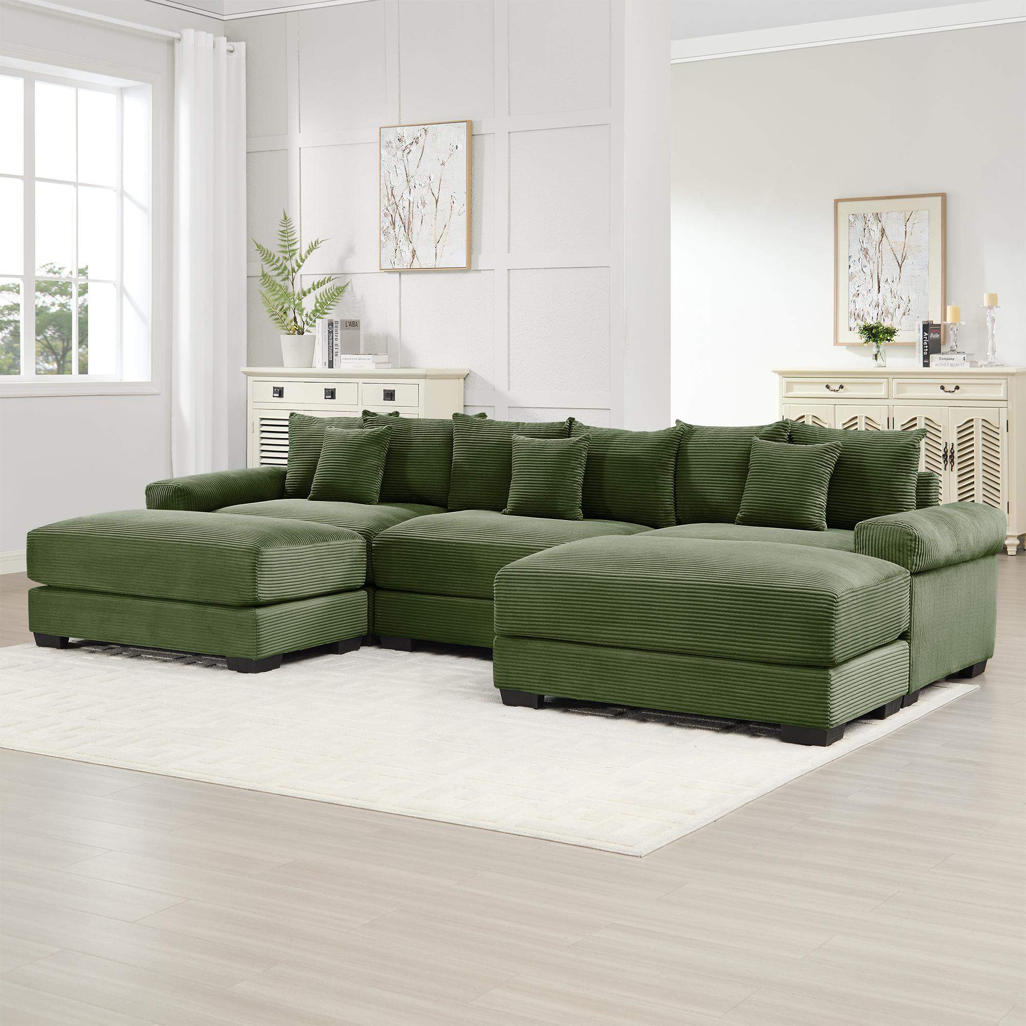 Front. Roomtec - 130 inch Oversized Cloud Modular Sectional CouchPremium Corduroy Fabric 3Seater Deep Seat Wide Armrests With An - Green.