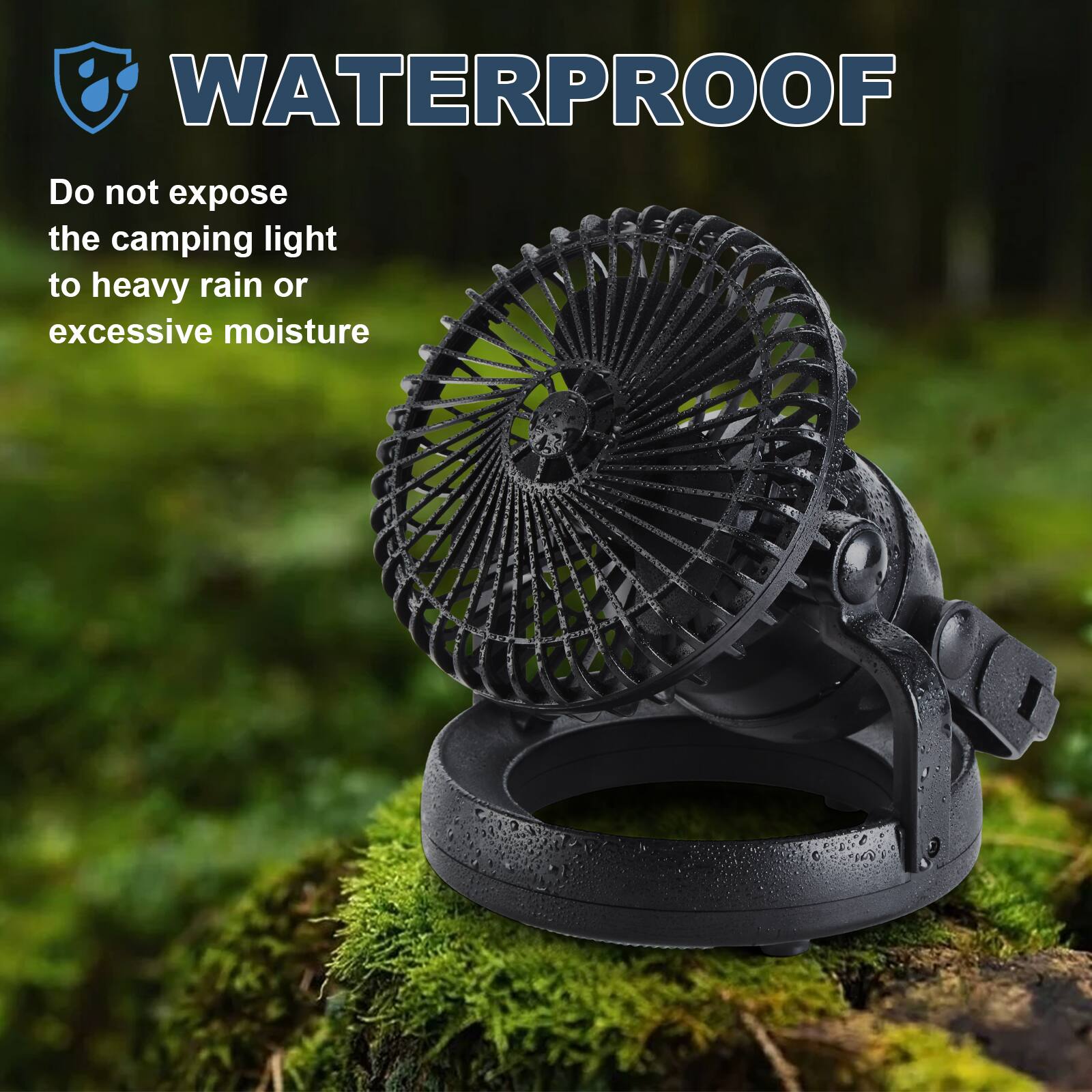WATERPROOF

Do not expose the camping light to heavy rain or excessive moisture