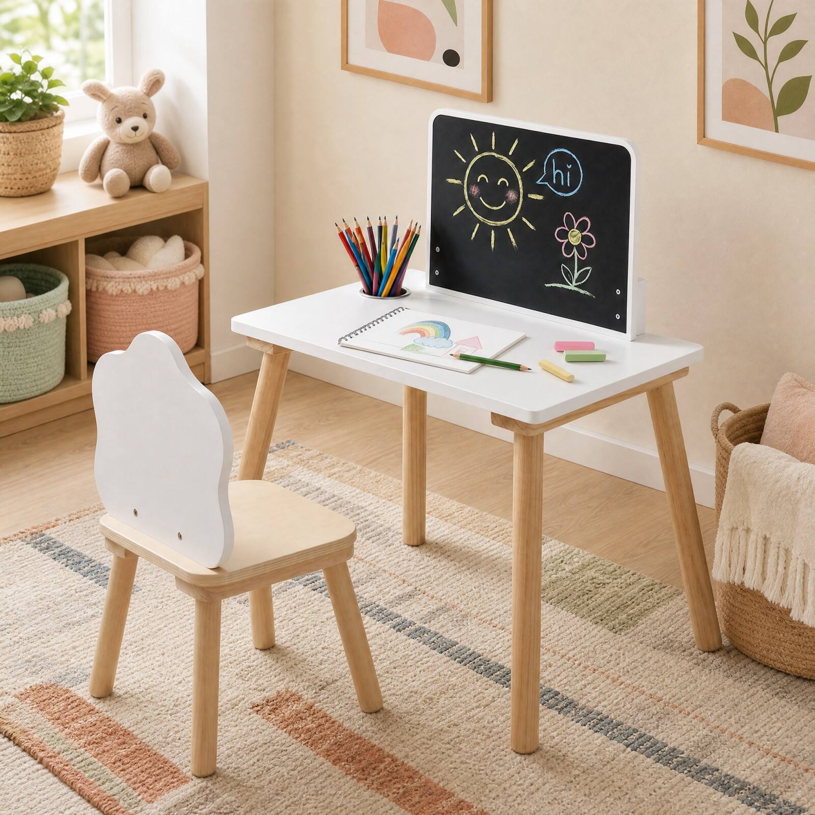Alt View 1. Costway - Costway Kids Weaning Table and Chair Set with Chalkboard - White + Natural.