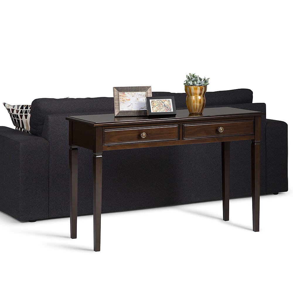 Left. Simpli Home - Connaught Rectangular Solid Pine 2-Drawer Table - Dark Chestnut Brown.