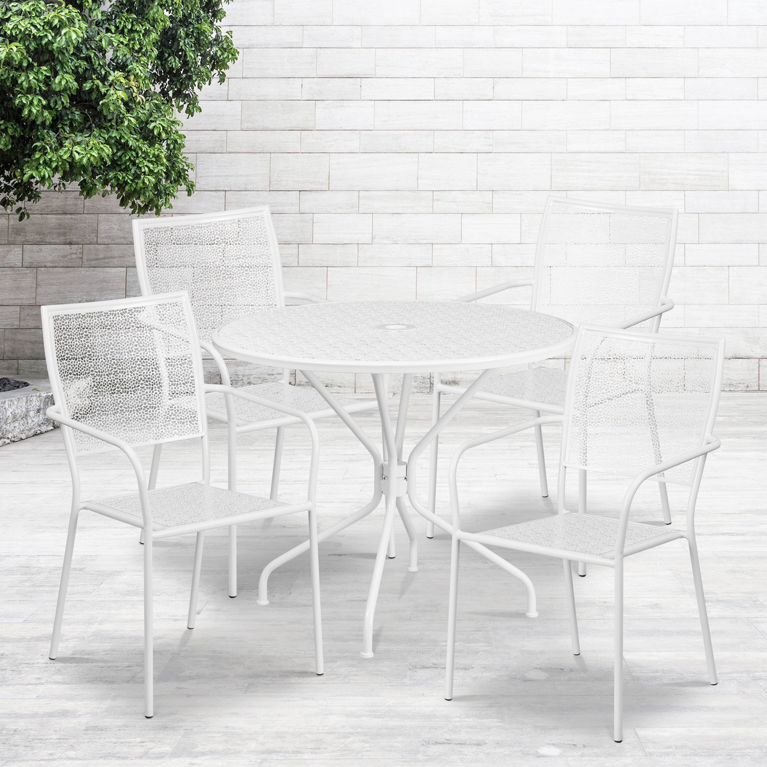 Alt View 1. Emma + Oliver - Commercial Grade 35.25" Round Metal Garden Patio Table Set, 4 Square Back Chairs - White.