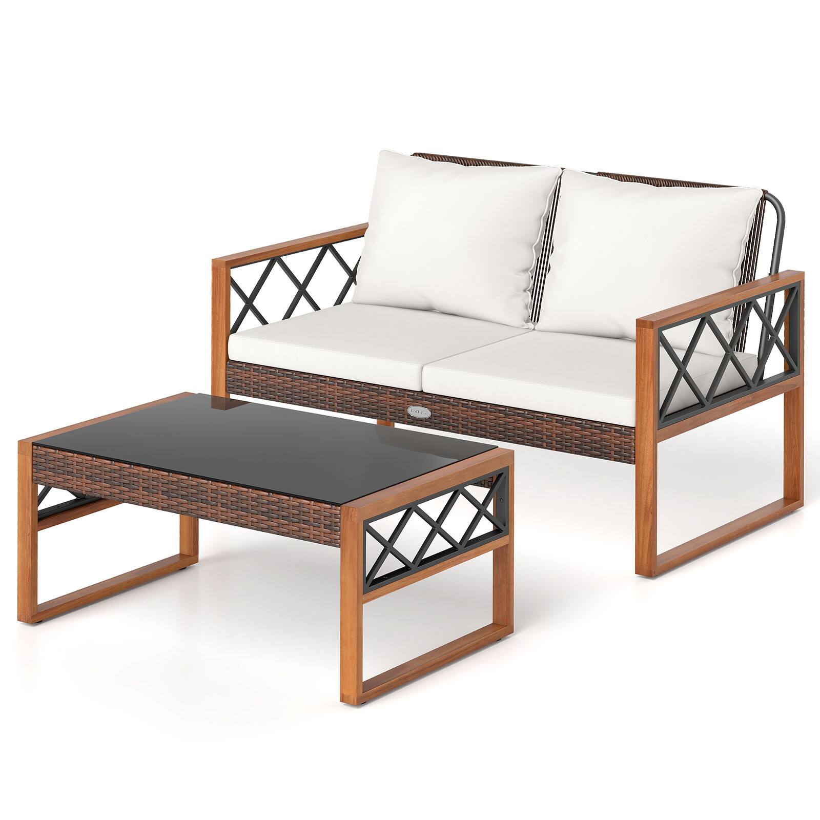 Alt View 6. Gymax - Gymax 2 Pieces Patio PE Wicker Furniture Set Outdoor Acacia Wood Loveseat for Porch - Brown.