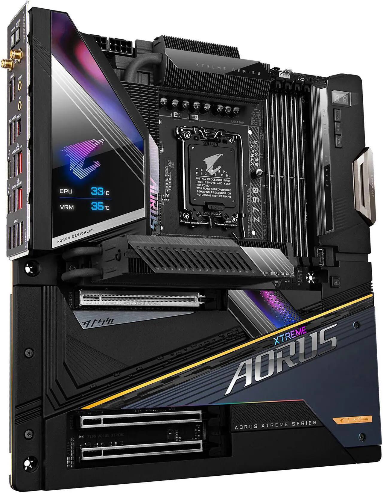 Sure, here is the corrected and grouped text from the image:

---

**CPU** 33°C  
**VRM** 35°C  

**AORUS DESIGNLAB**  

**AORUS XTREME SERIES**  

**AORUS XTREME**  

**AORUS XTREME SERIES**  

**AORUS**  

**AORUS XTREME SERIES**  

**AORUS**  

**AORUS XTREME SERIES**  

**AORUS**  

**AORUS XTREME SERIES**  

**AORUS**  

**AORUS XTREME SERIES**  

**AORUS**  

**AORUS XTREME SERIES**  

**AORUS**  

**AORUS XTREME SERIES**  

**AORUS**  

**AORUS XTREME SERIES**  

**AORUS**  

**AORUS XTREME SERIES**  

**AORUS**  

**AORUS XTREME SERIES**  

**AORUS**  

**AORUS XTREME SERIES**  

**AORUS**  

**AORUS XTREME SERIES**  

**AORUS**  

**AORUS XTRE