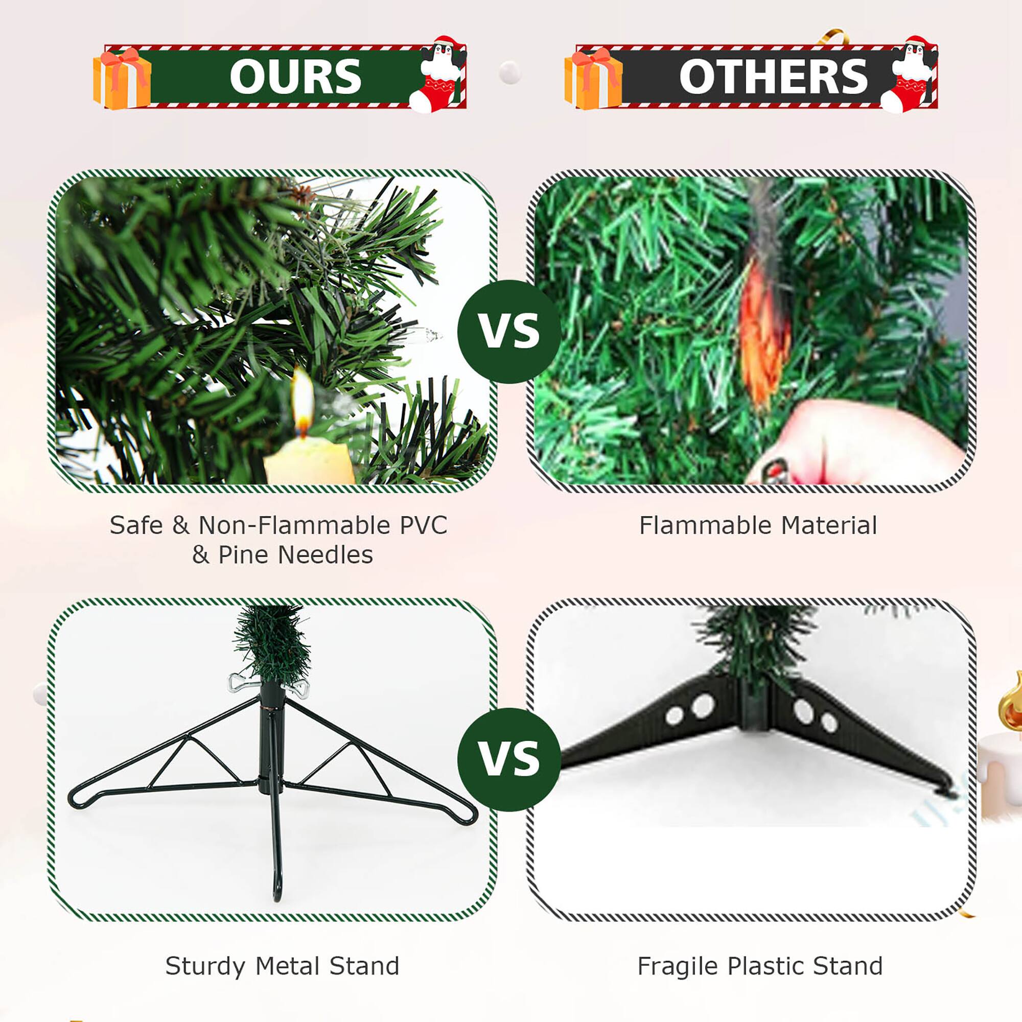 OURS VS OTHERS:
1. Safe & Non-Flammable PVC & Pine Needles: This option is designed to be safe and non-flammable, using materials like PVC and pine needles to create a decoration that won't catch fire.
2. Flammable Material: This option uses flammable materials, such as branches and candles, to create a decoration that can potentially catch fire if not properly managed.
3. Sturdy Metal Stand: This option features a sturdy metal stand to support the decoration, ensuring it remains stable and secure.
4. Fragile Plastic Stand: This option uses a fragile plastic stand, which may not be as sturdy or stable as the metal stand.