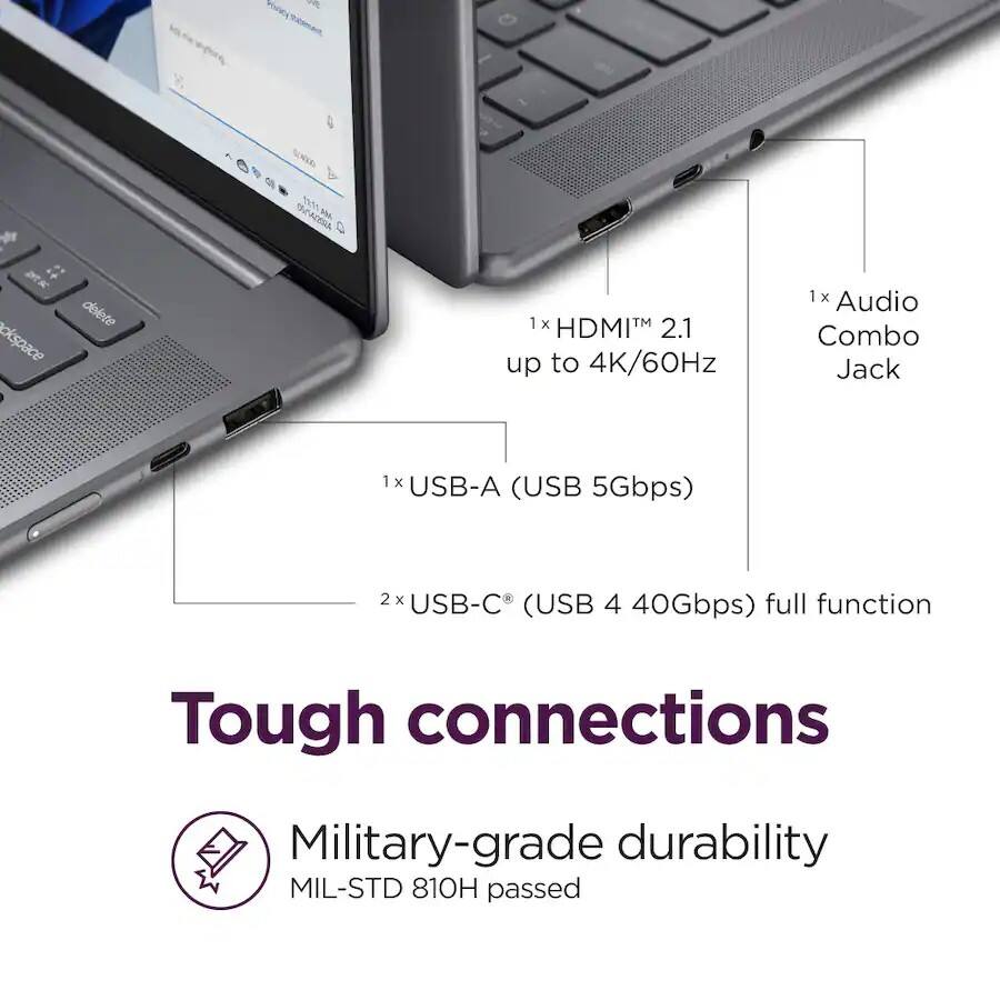 1x HDMI™ 2.1 up to 4K/60Hz  
1x Audio Combo Jack  
1x USB-A (USB 5Gbps)  
2x USB-C (USB 4 full function 40Gbps)  

Tough connections  
Military-grade durability  
MIL-STD 810H passed