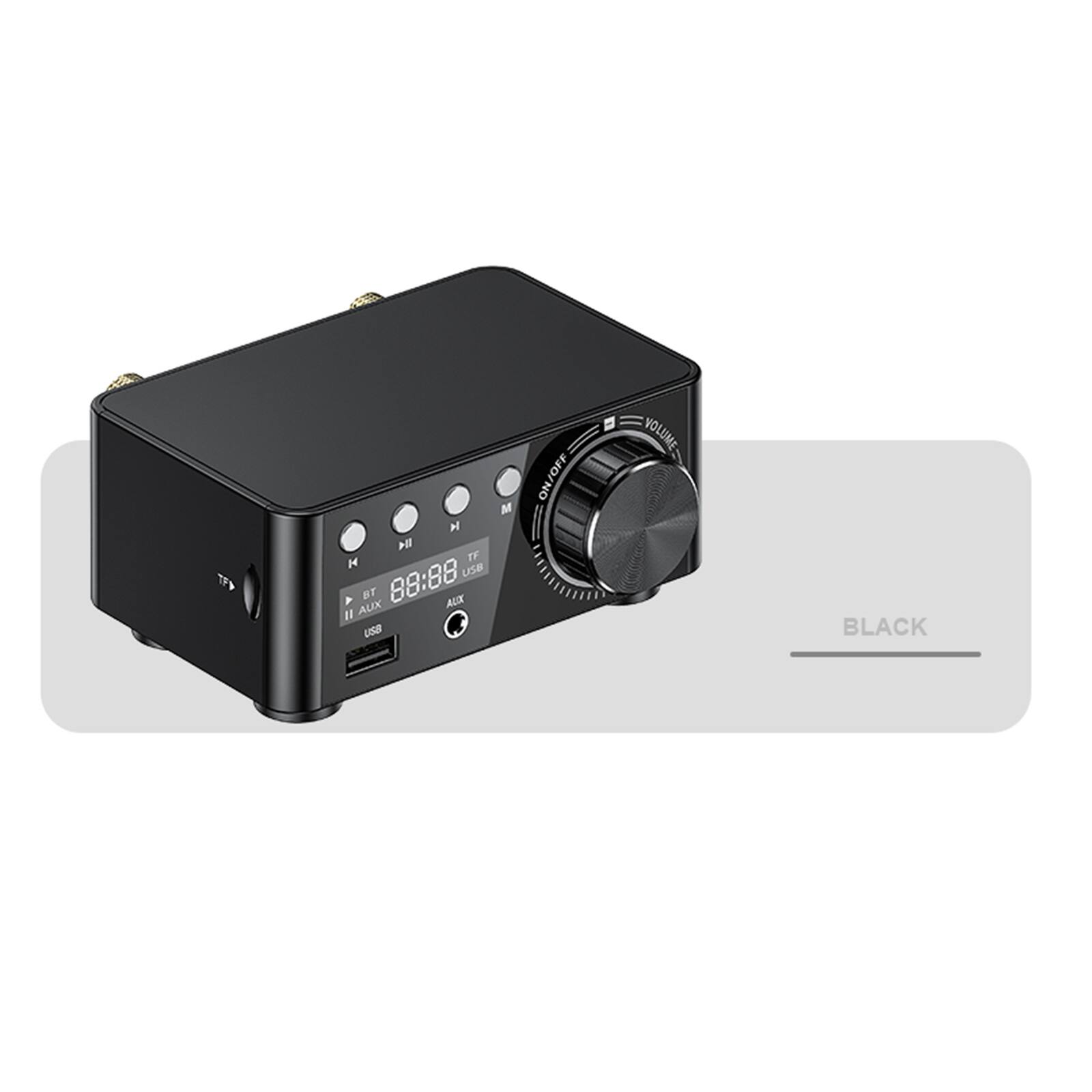 Sure, here is the corrected and grouped text from the image:

- T 14
- IF
- USB
- aT
- 88:88
- AUX
- R
- AUX
- USB
- M
- ON/OFF
- VOLUME
- BLACK