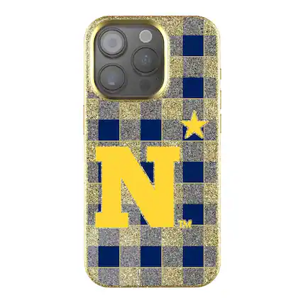 Front. Keyscaper - Navy Midshipmen Plaid Bling iPhone Case - 14 Pro Max - Gold.