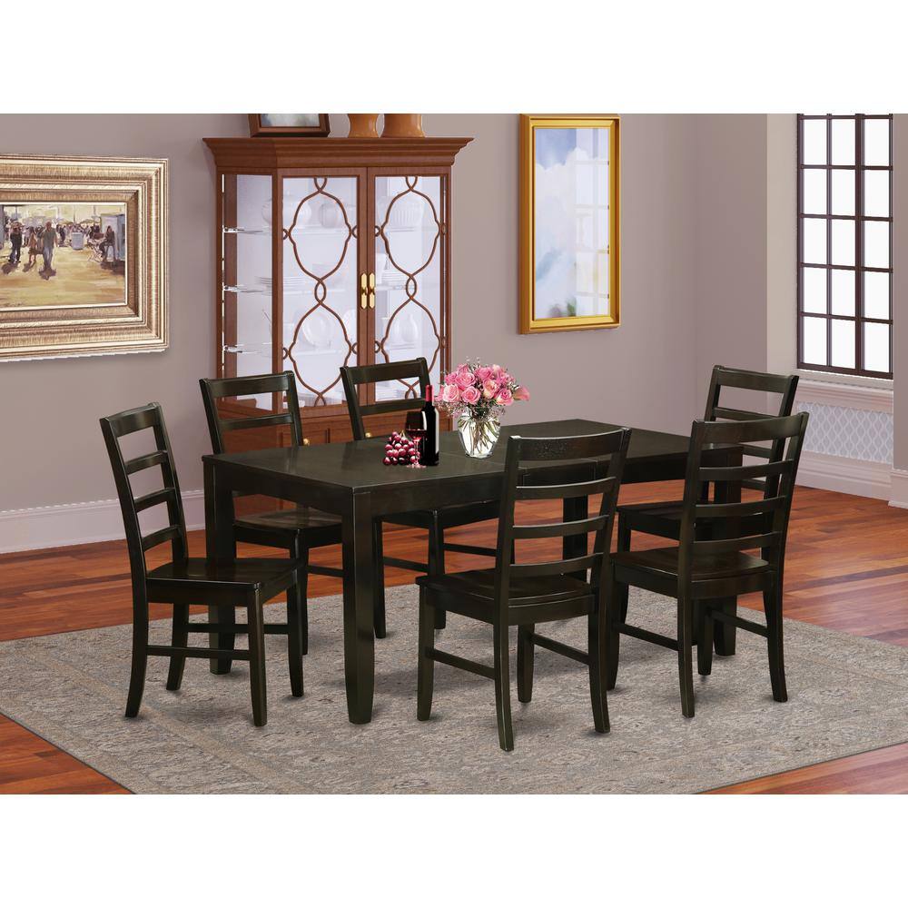 Back. East West Furniture - 7 Pc Dining set-Table with Leaf and 6 Dining Chairs - Cappuccino.