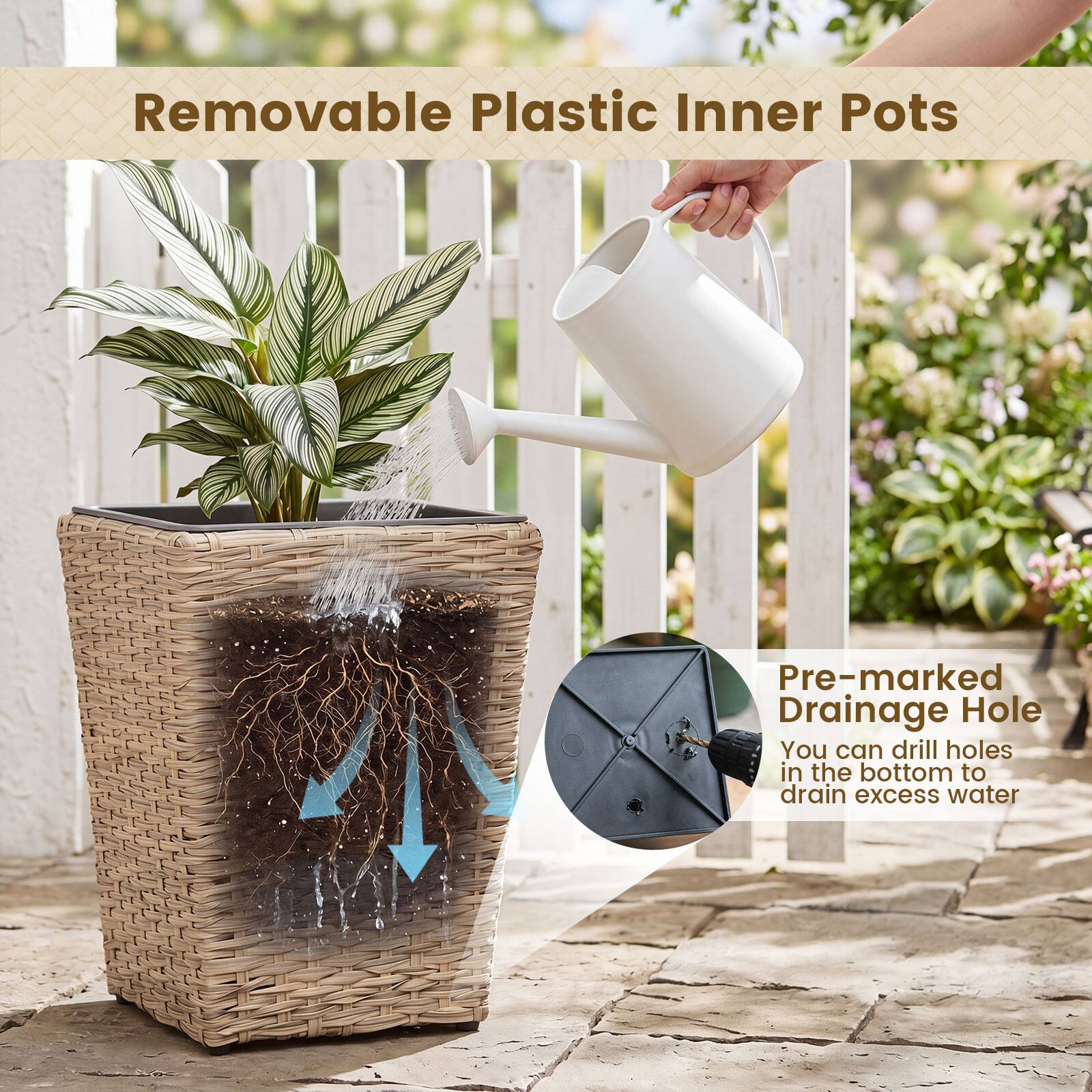 Removable Plastic Inner Pots

Pre-marked Drainage Hole
You can drill holes in the bottom to drain excess water