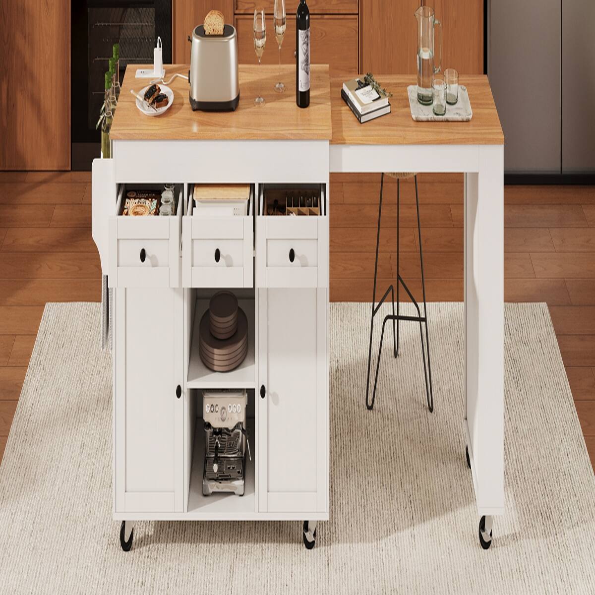 Alt View 4. Loheer - Loheer 85.5" Kitchen Island with Extendable Dining Table, Rolling Kitchen Island with Power Outlet, White - White.