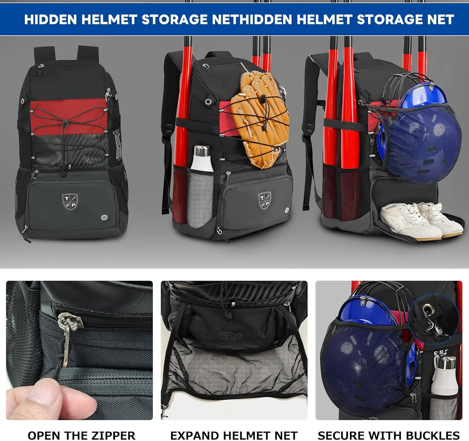 HIDDEN HELMET STORAGE NET

OPEN THE ZIPPER

EXPAND HELMET NET

SECURE WITH BUCKLES