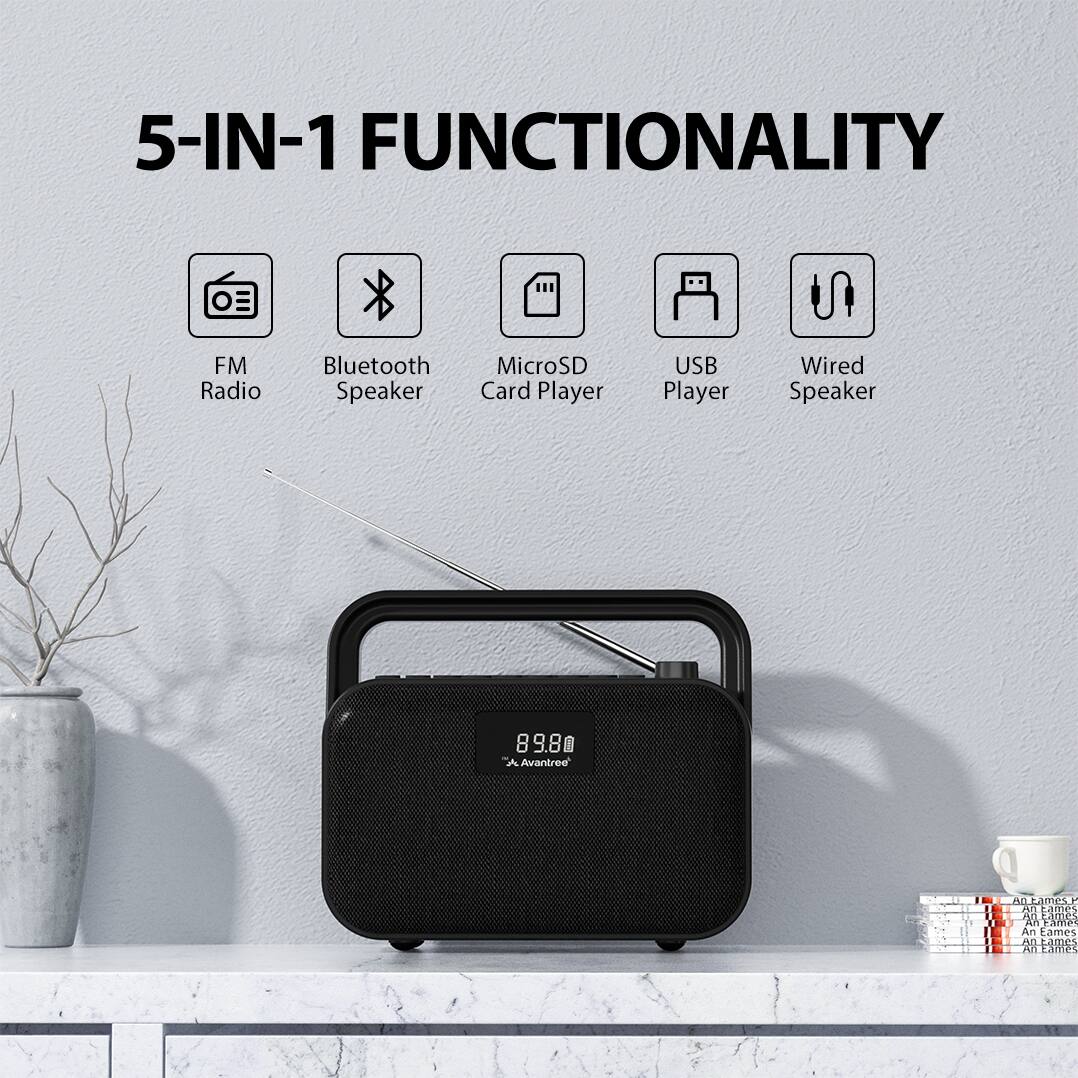 5-IN-1 FUNCTIONALITY

FM Radio  
Bluetooth Speaker  
MicroSD Card Player  
USB Player  
Wired Speaker  

89.80  
Avantree