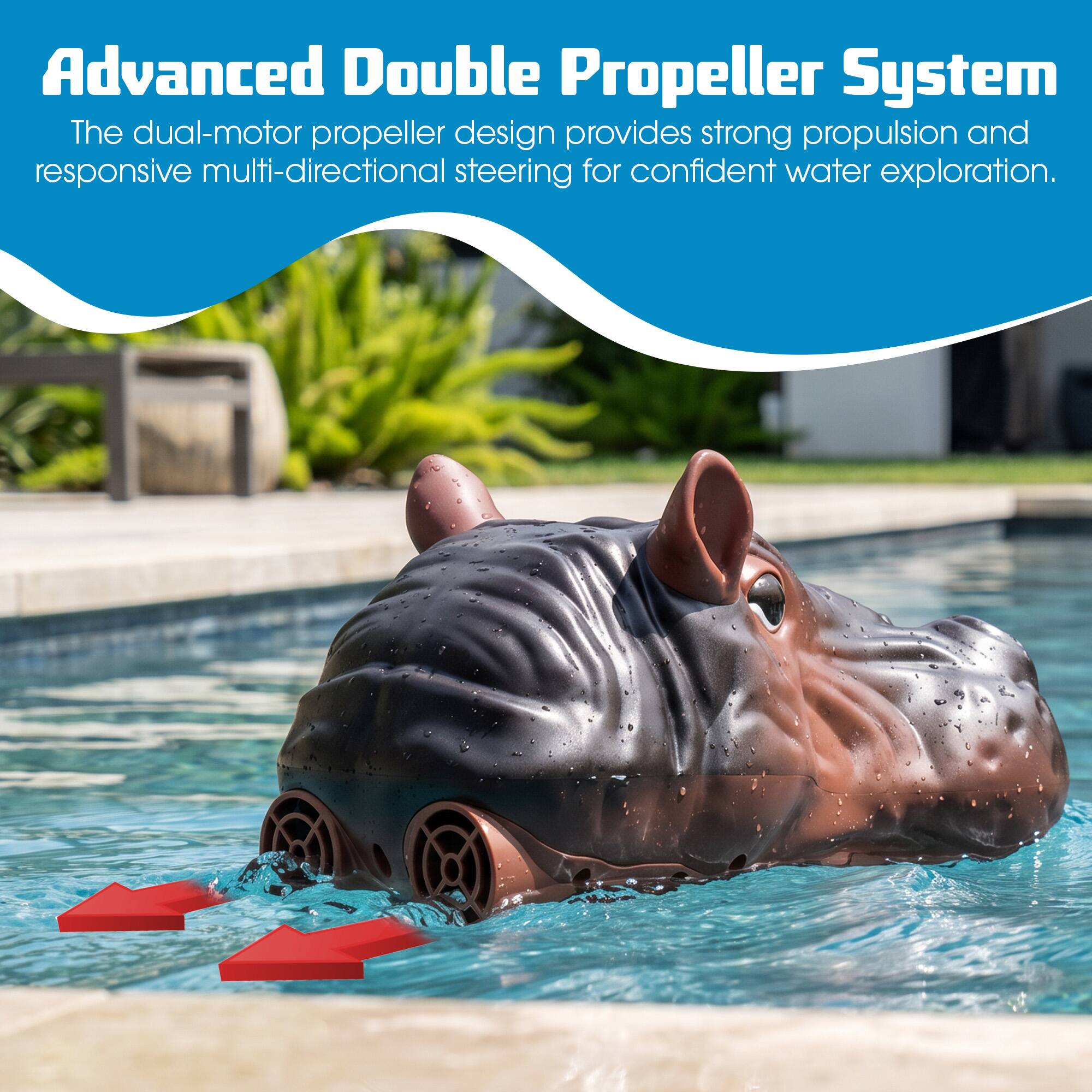 Advanced Double Propeller System  
The dual-motor propeller design provides strong propulsion and responsive multi-directional steering for confident water exploration.