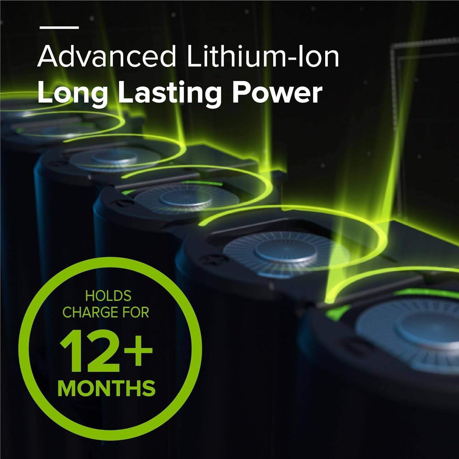 Advanced Lithium-Ion Long Lasting Power  
Holds Charge for 12+ Months