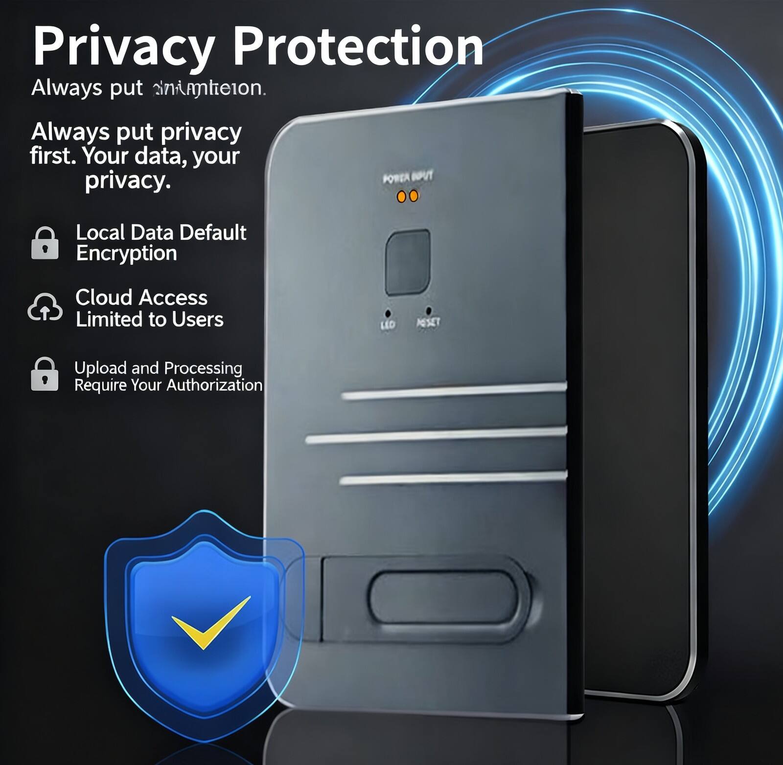 Privacy Protection  
Always put privacy first.  
Your data, your privacy.  

- Local Data Default Encryption  
- Cloud Access Limited to Users  
- Upload and Processing Require Your Authorization