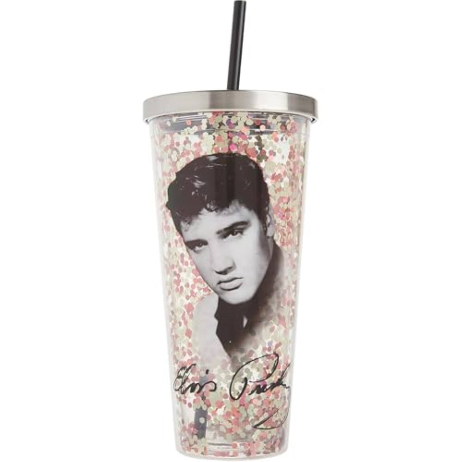 Back. Spoontiques - Spoontiques Elvis Presley Double Walled Acrylic Tumbler Glitter Cup with Straw 20 ounce - Multicolor.