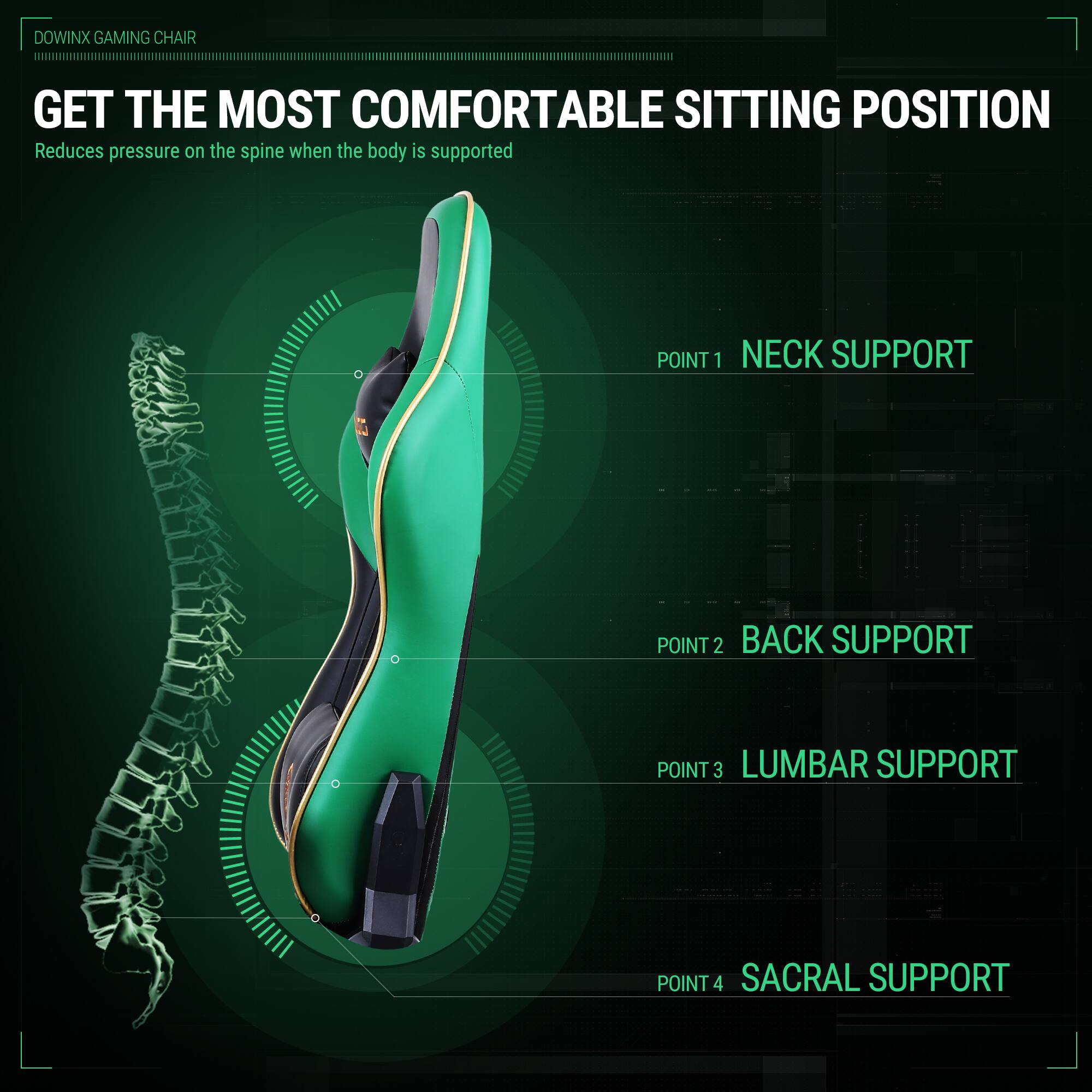 DOWINX GAMING CHAIR

GET THE MOST COMFORTABLE SITTING POSITION  
Reduces pressure on the spine when the body is supported

POINT 1 NECK SUPPORT  
POINT 2 BACK SUPPORT  
POINT 3 LUMBAR SUPPORT  
POINT 4 SACRAL SUPPORT