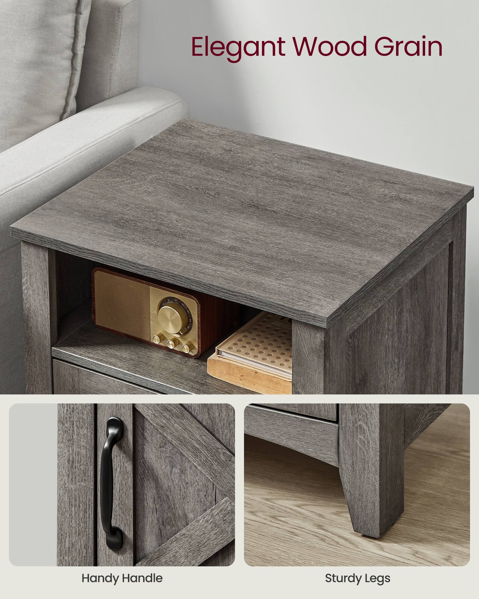 Elegant Wood Grain  
Handy Handle  
Sturdy Legs
