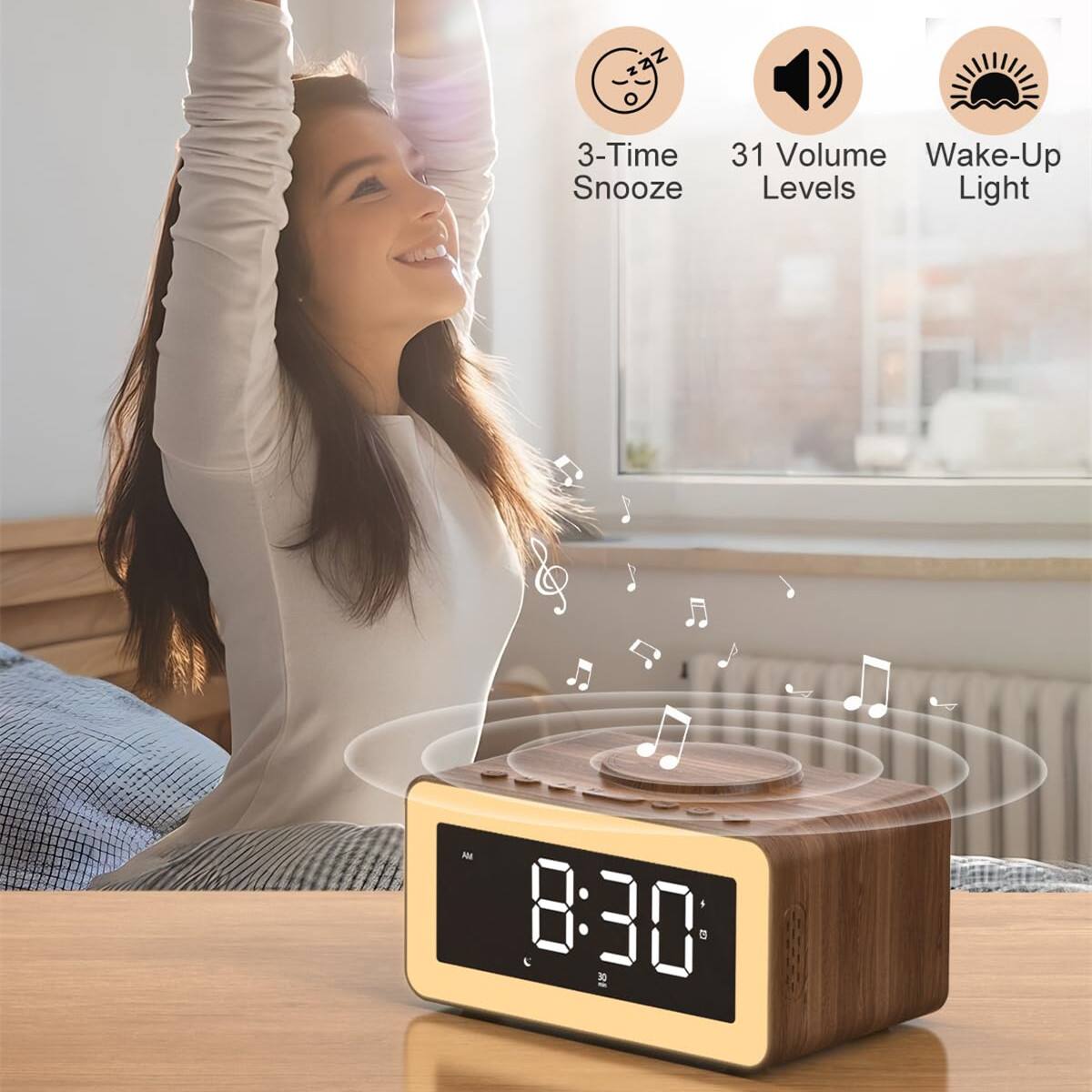 3-Time Snooze  
31 Volume Levels  
Wake-Up Light  

8:30