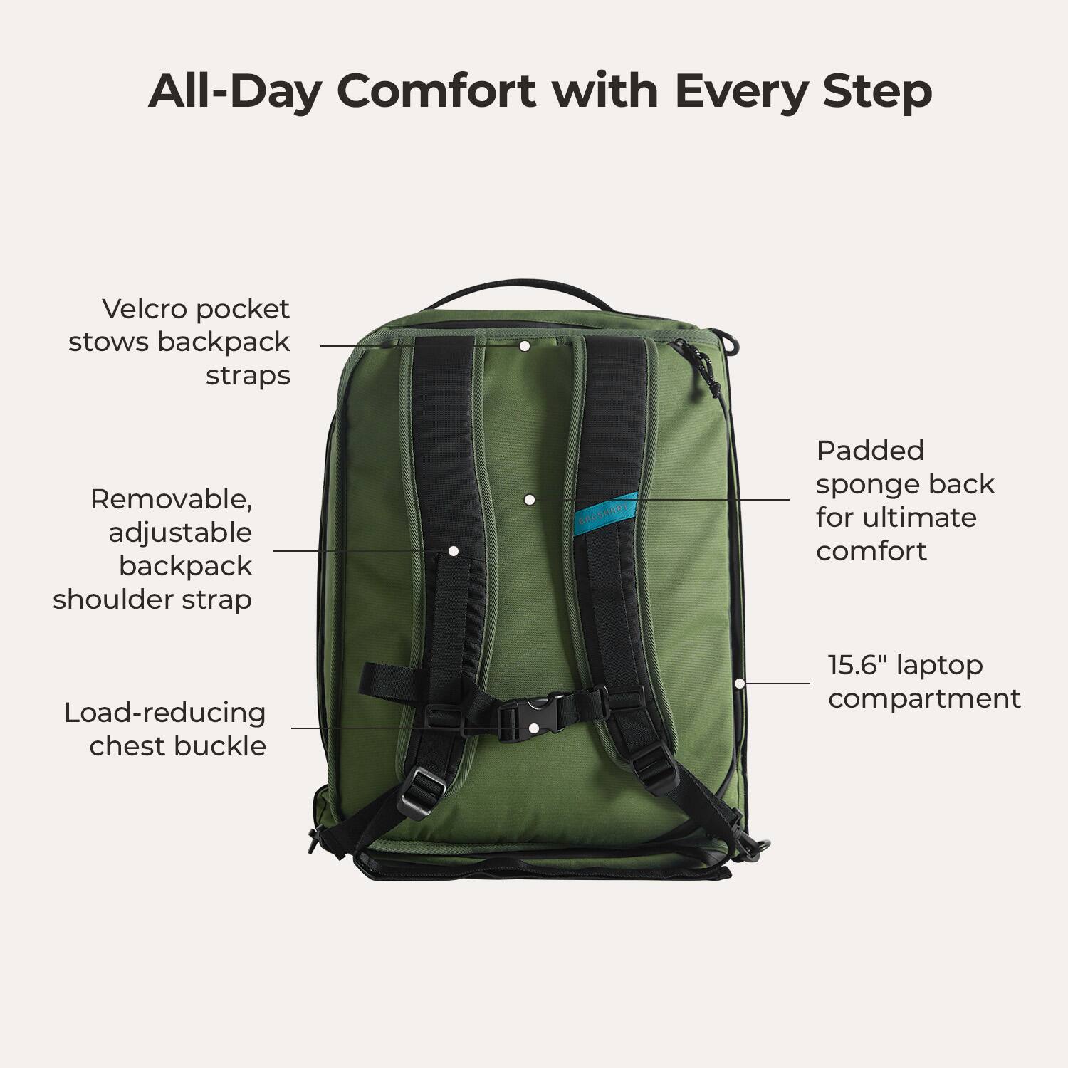 All-Day Comfort with Every Step

- Velcro pocket stows backpack straps
- Removable, adjustable backpack shoulder strap
- Padded sponge back for ultimate comfort
- Load-reducing chest buckle
- 15.6" laptop compartment