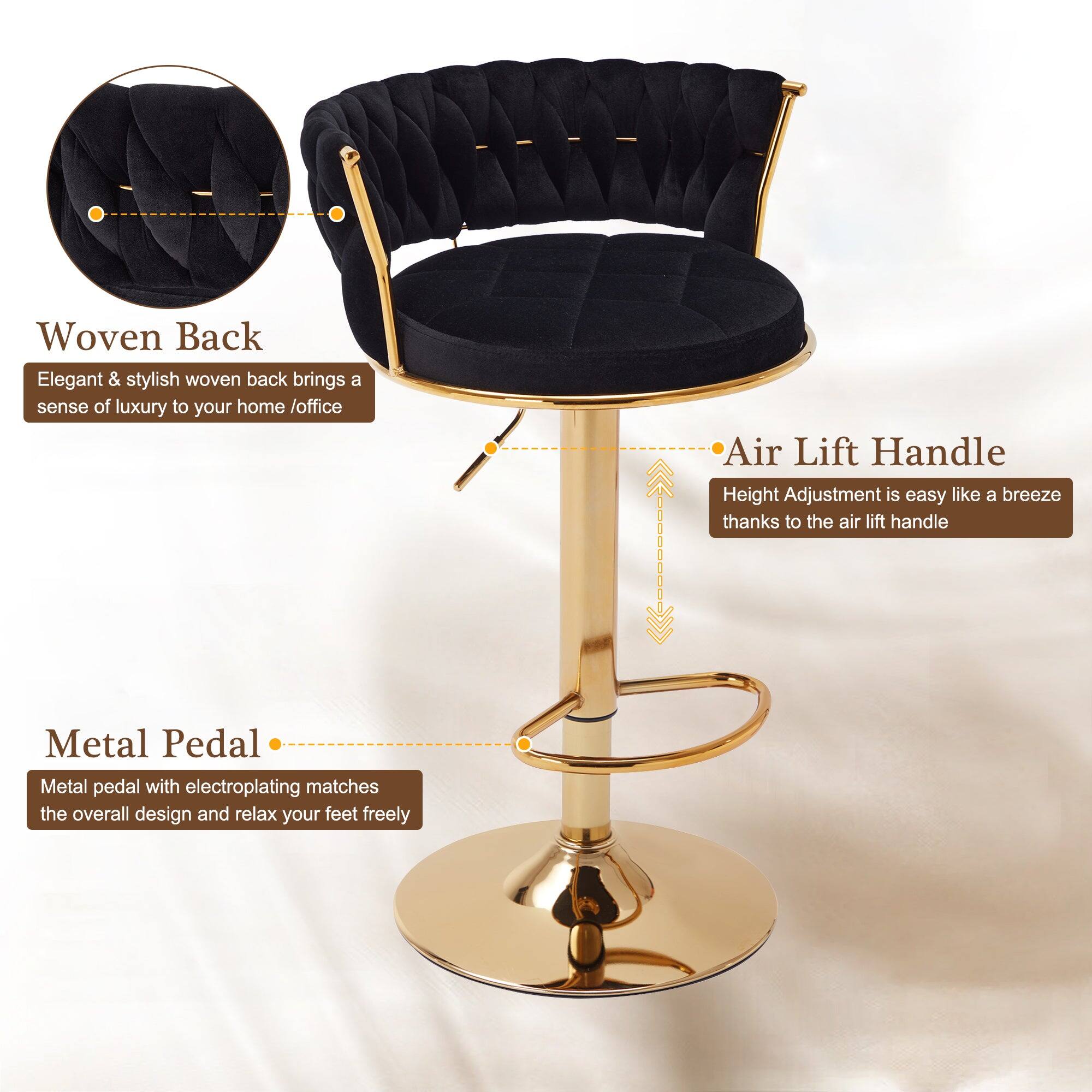 - **Woven Back:** Elegant & stylish woven back brings a sense of luxury to your home/office
- **Air Lift Handle:** Height Adjustment is easy like a breeze thanks to the air lift handle
- **Metal Pedal:** Metal pedal with electroplating matches the overall design and relax your feet freely