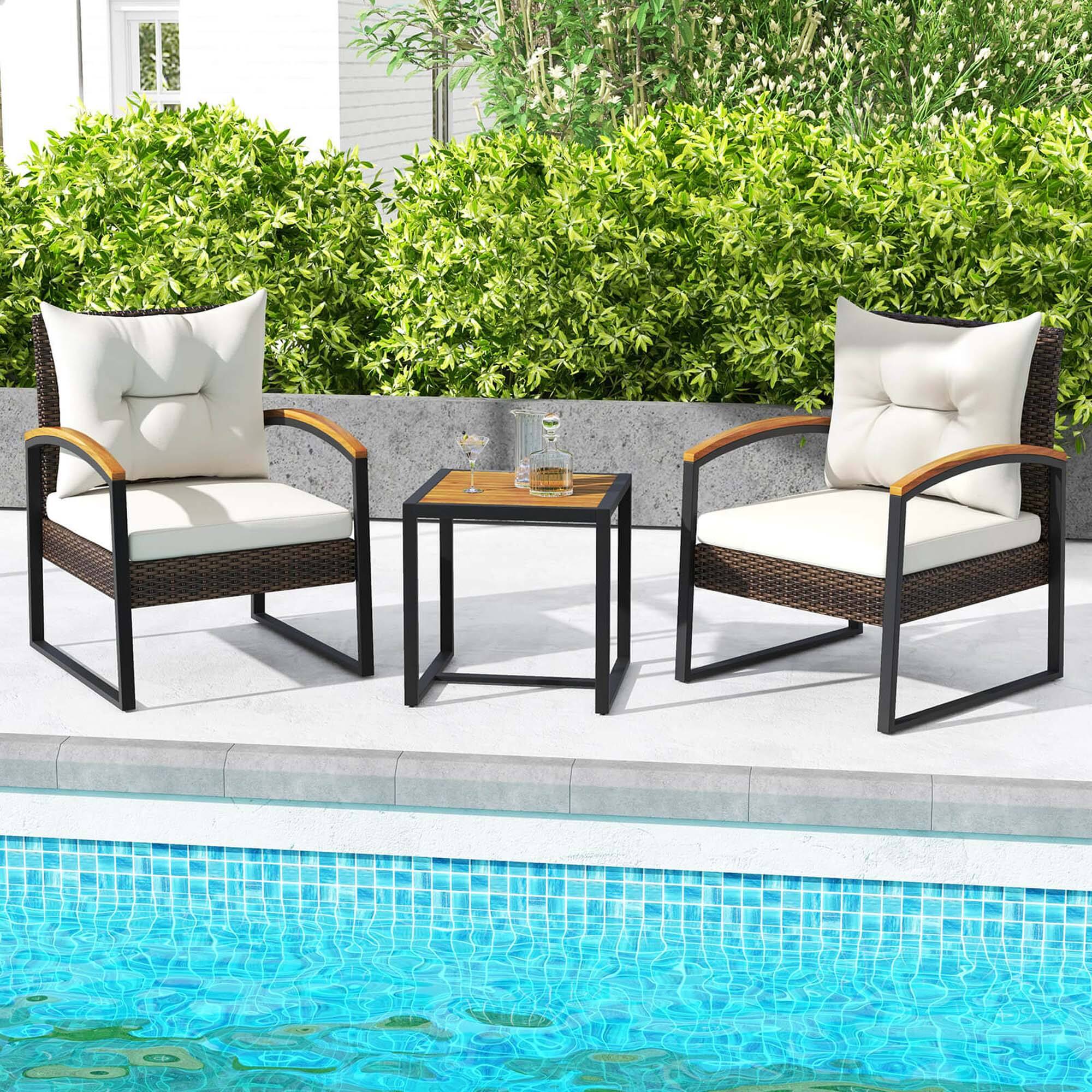 Alt View 1. Costway - 3 PCS Patio Conversation Set with Coffee Table Solid Acacia Wood Armrests Tabletop - Mix Brown,Off White.