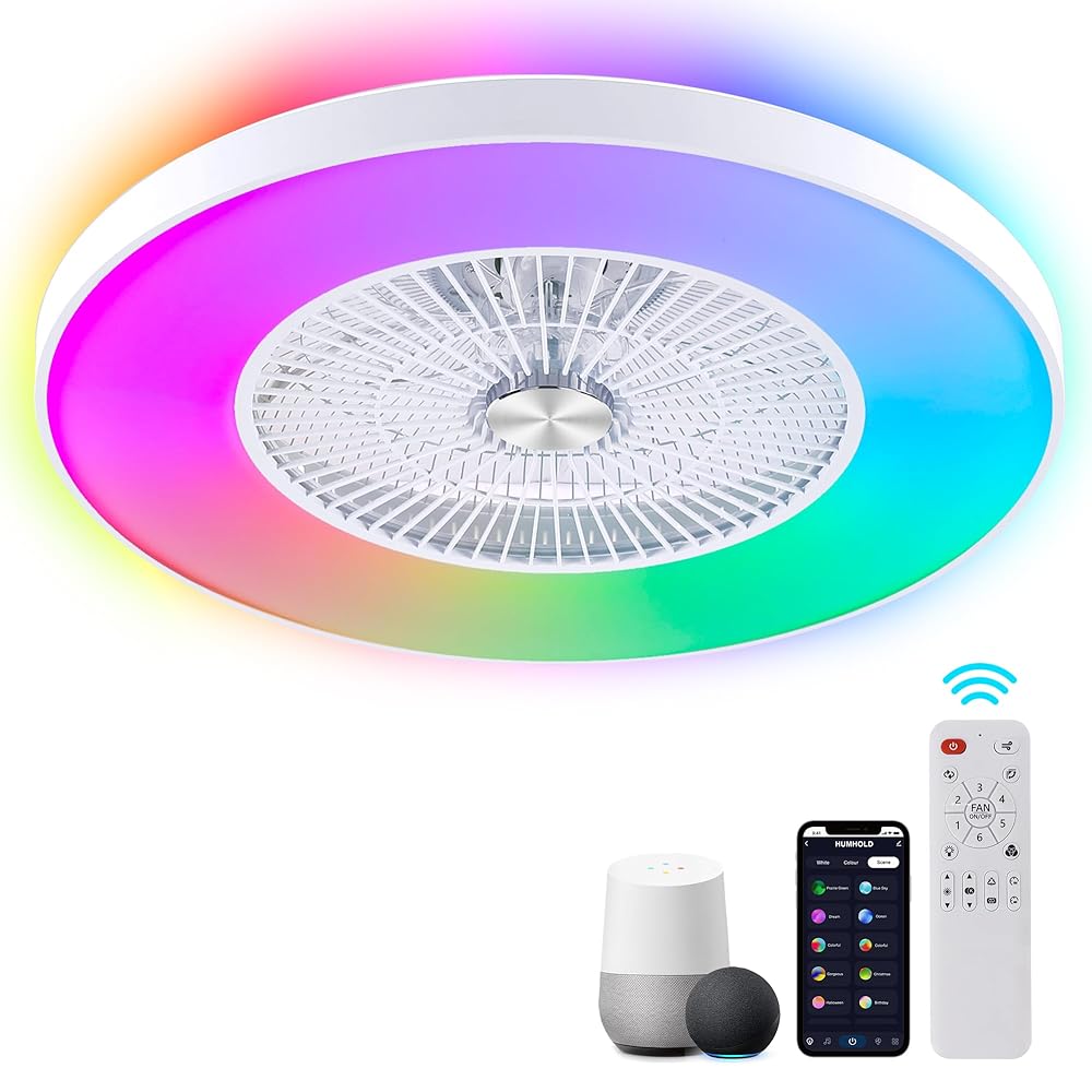 Domanki - 24" Bladeless Ceiling Fans with Lights and Remote/APP/Voice Control, Enclosed Flush Mount Ceiling Fan for Bedroom - White