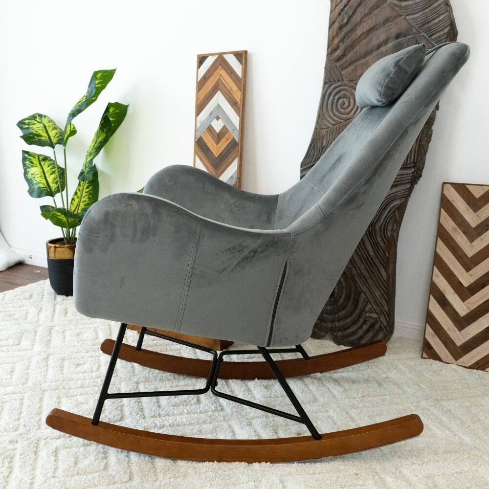 Back. Loheer - Loheer Grey Velvet Rocking Chair Light Gray Nursery Glider Accent Chair 300lbs - Light Gray.
